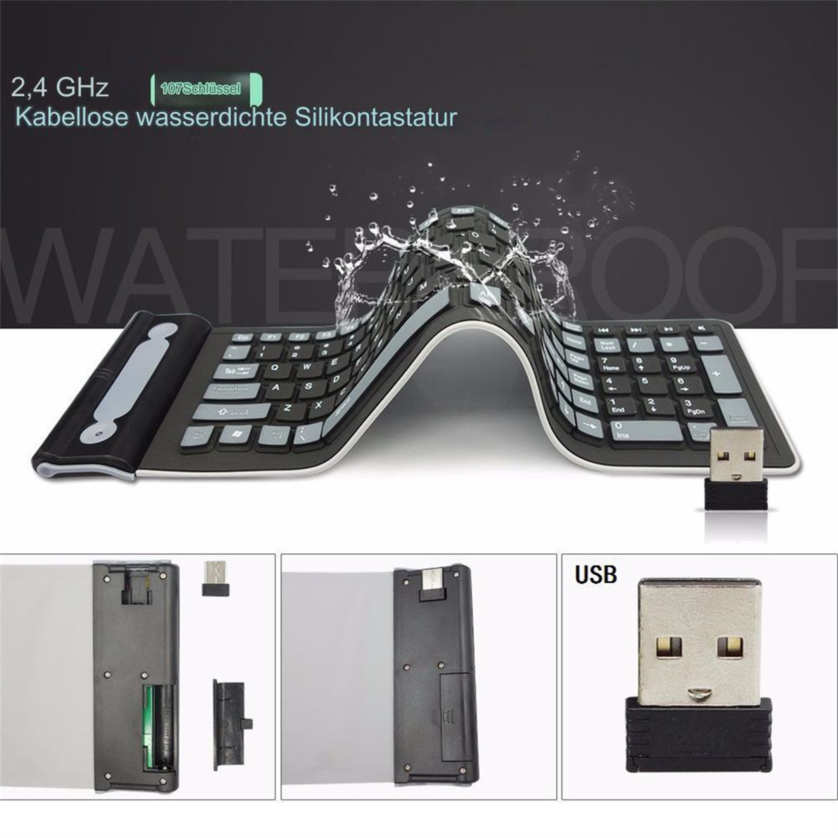 Flexibler schwarzer Tastatur mit Wasserspritzer und USB-Anschluss. Weißer Hintergrund.