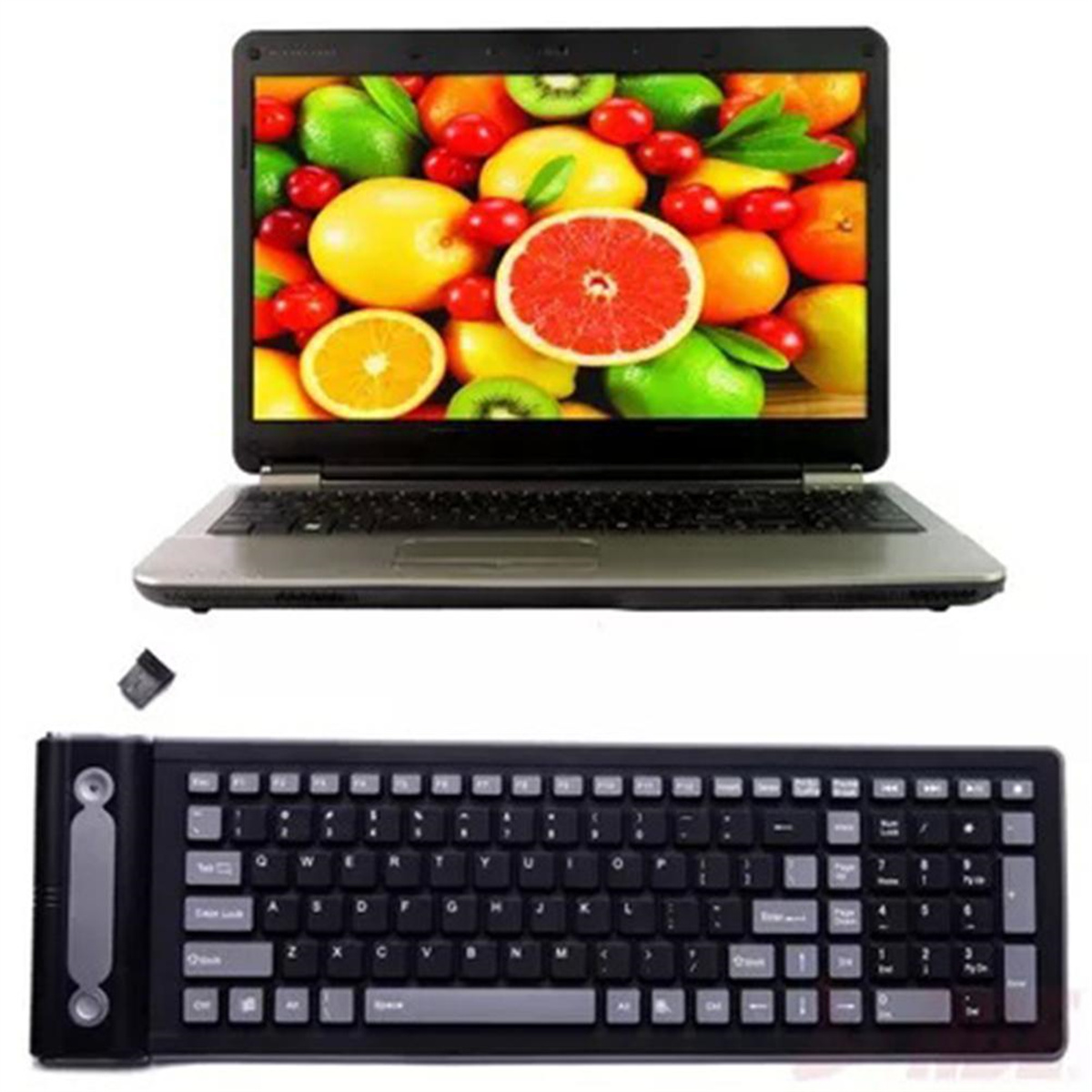 Laptop mit Fruchtdisplay, Tastatur und USB-Empfänger. Die Tastatur ist mit dem Laptop verbunden.