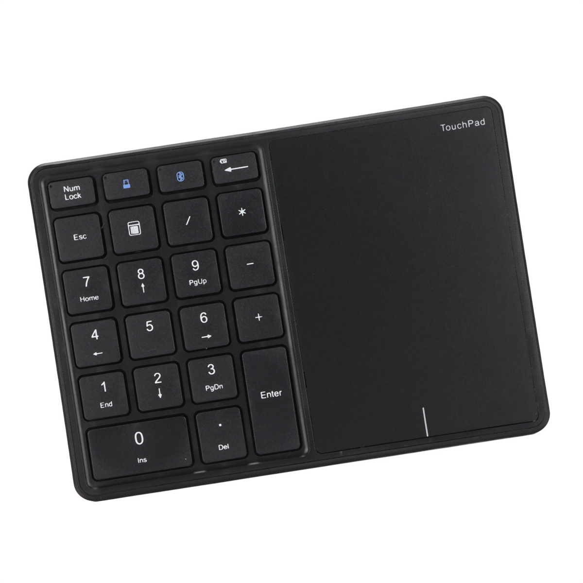 Eine schwarze numerische Tastatur und Touchpad-Kombination für Computer. Sie hat einen Nummernblock und einen Touch-Bereich.