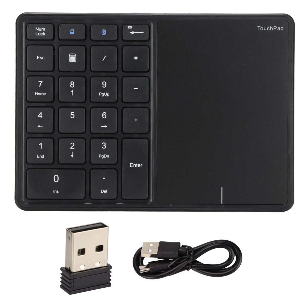 Schwarzer Ziffernblock und Touchpad. USB-Dongle und Kabel sind enthalten.