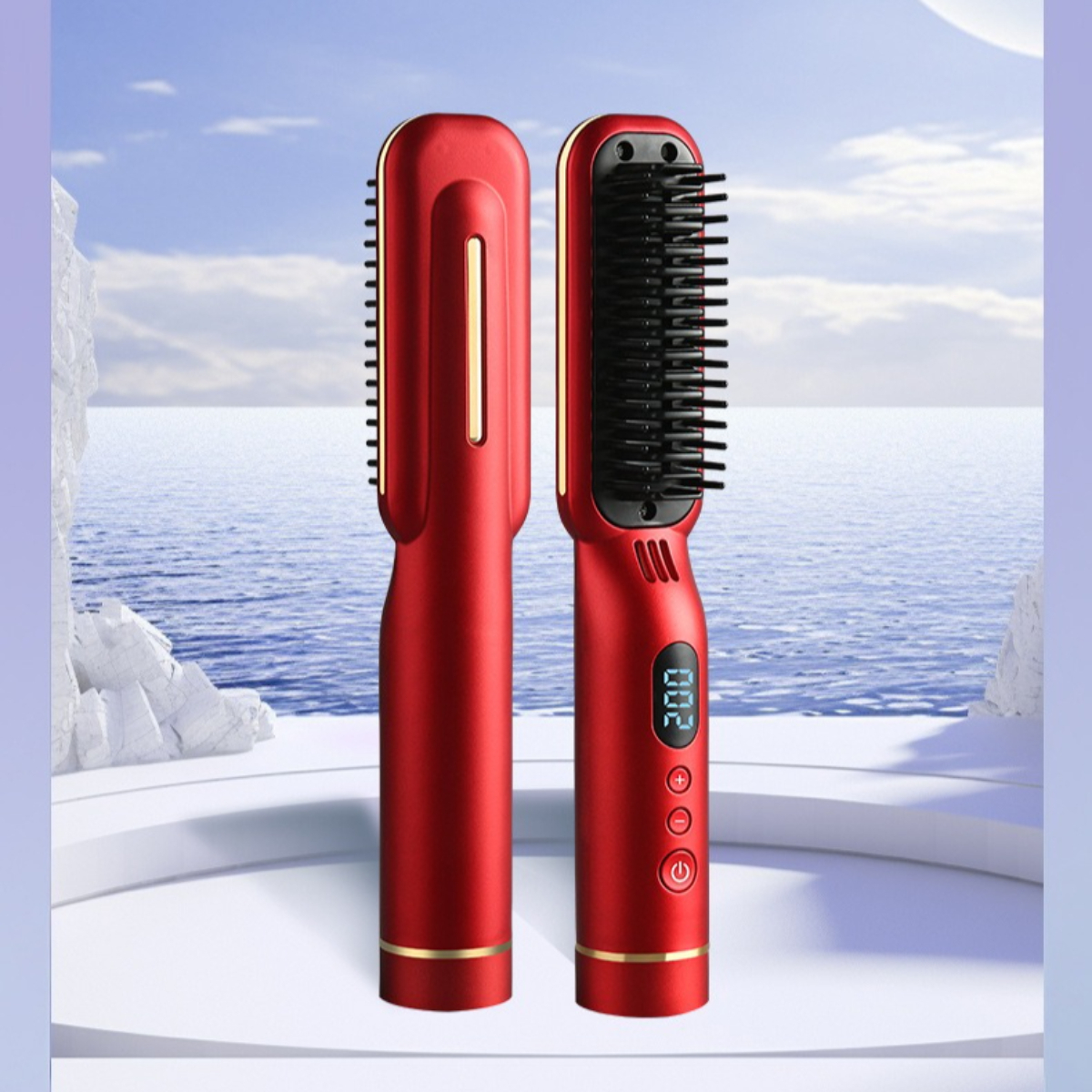 Zwei rote Haarglätter. Einer zeigt eine Digitalanzeige. Der Hintergrund zeigt Wasser und Himmel.