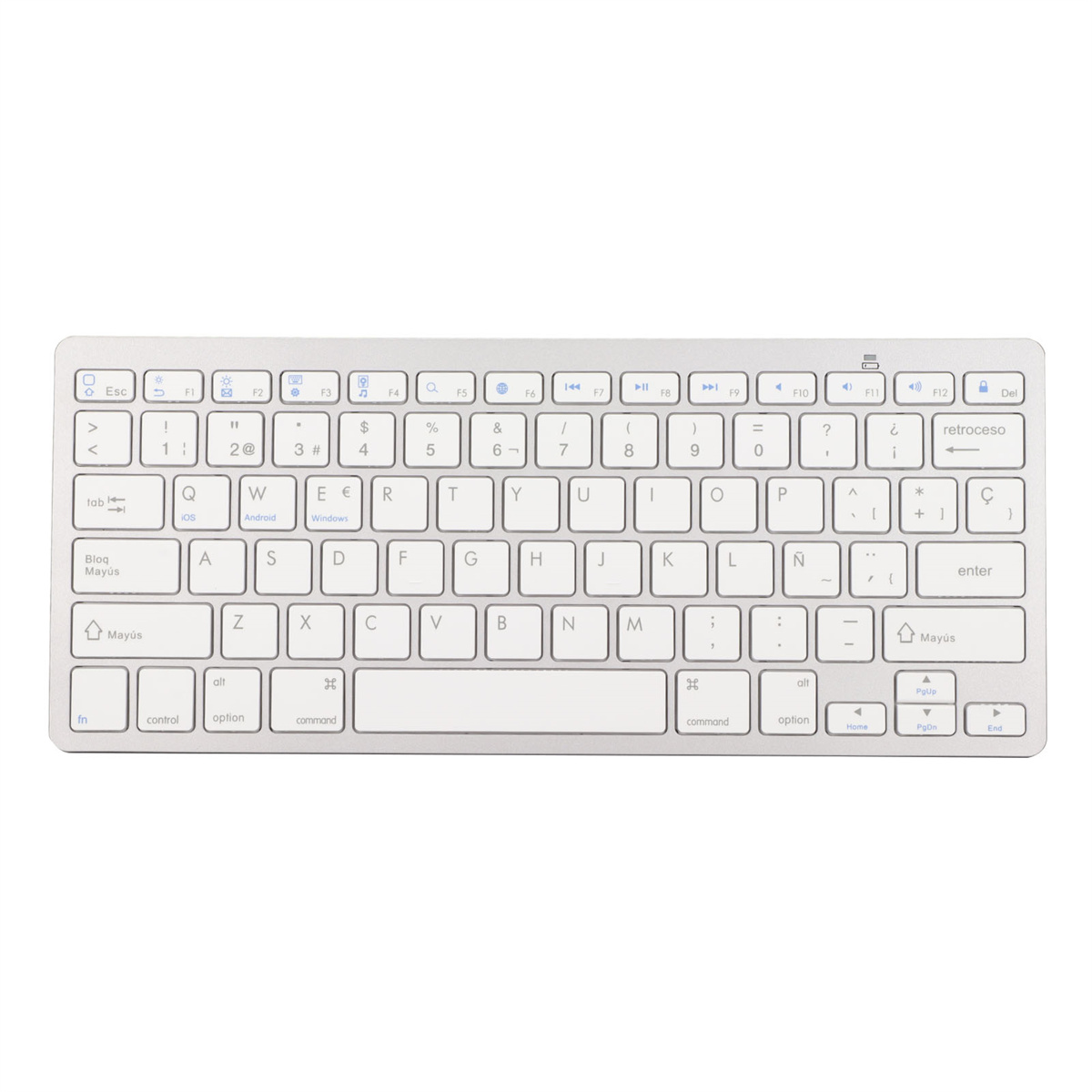 Eine silberne Tastatur mit weißen Tasten. Sie hat eine Reihe von Funktionstasten und Symbolen.