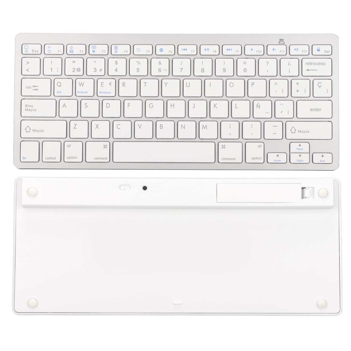 Eine silberne, kabellose Tastatur, Ansicht von oben und unten. Sie hat Tasten und einen Netzschalter.