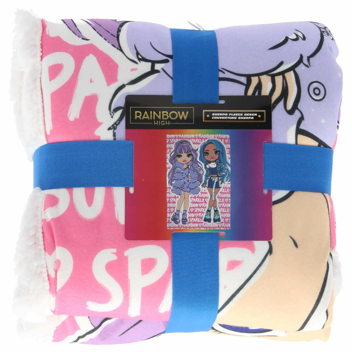 Eine rosa und lila Decke mit Cartoonfiguren und Text, gehalten von einem blauen Band. Weißer Hintergrund.