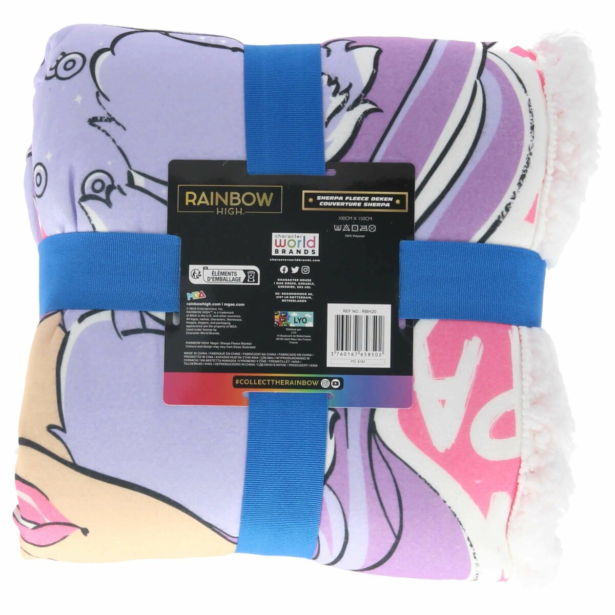 Eine eingewickelte Decke mit Einhorn-Design und einem blauen Band darum.