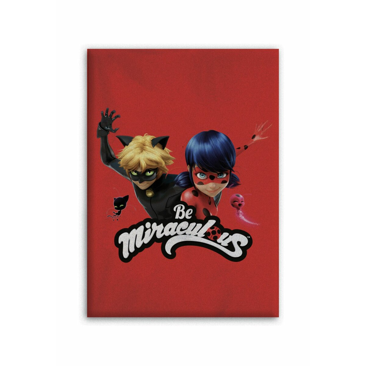 Miraculous Ladybug und Cat Noir auf rotem Hintergrund. Charaktere in Action-Posen.