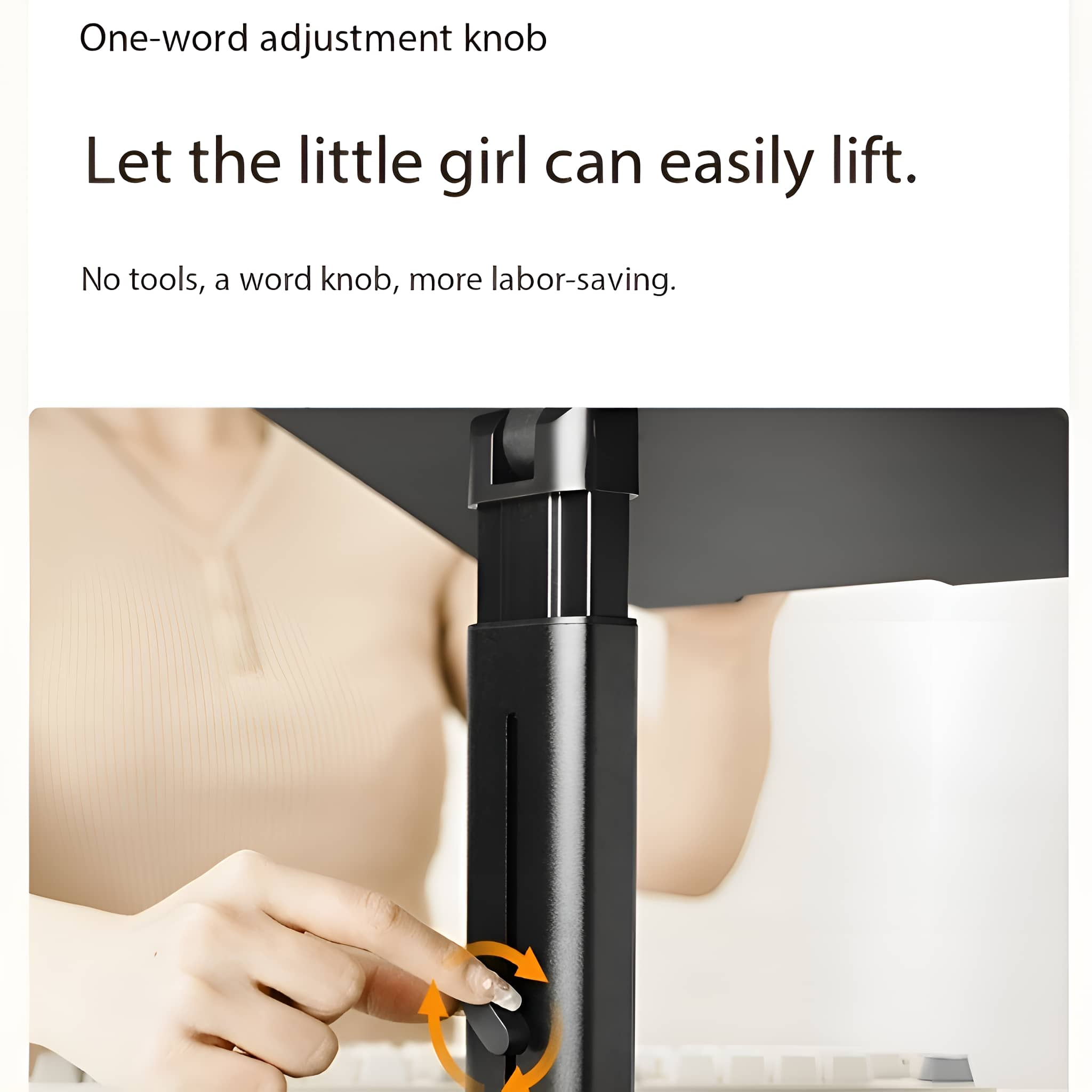 Eine Person stellt einen schwarzen Schreibtisch ein. Der Einstellknopf wird mit einem orangefarbenen Kreis hervorgehoben.