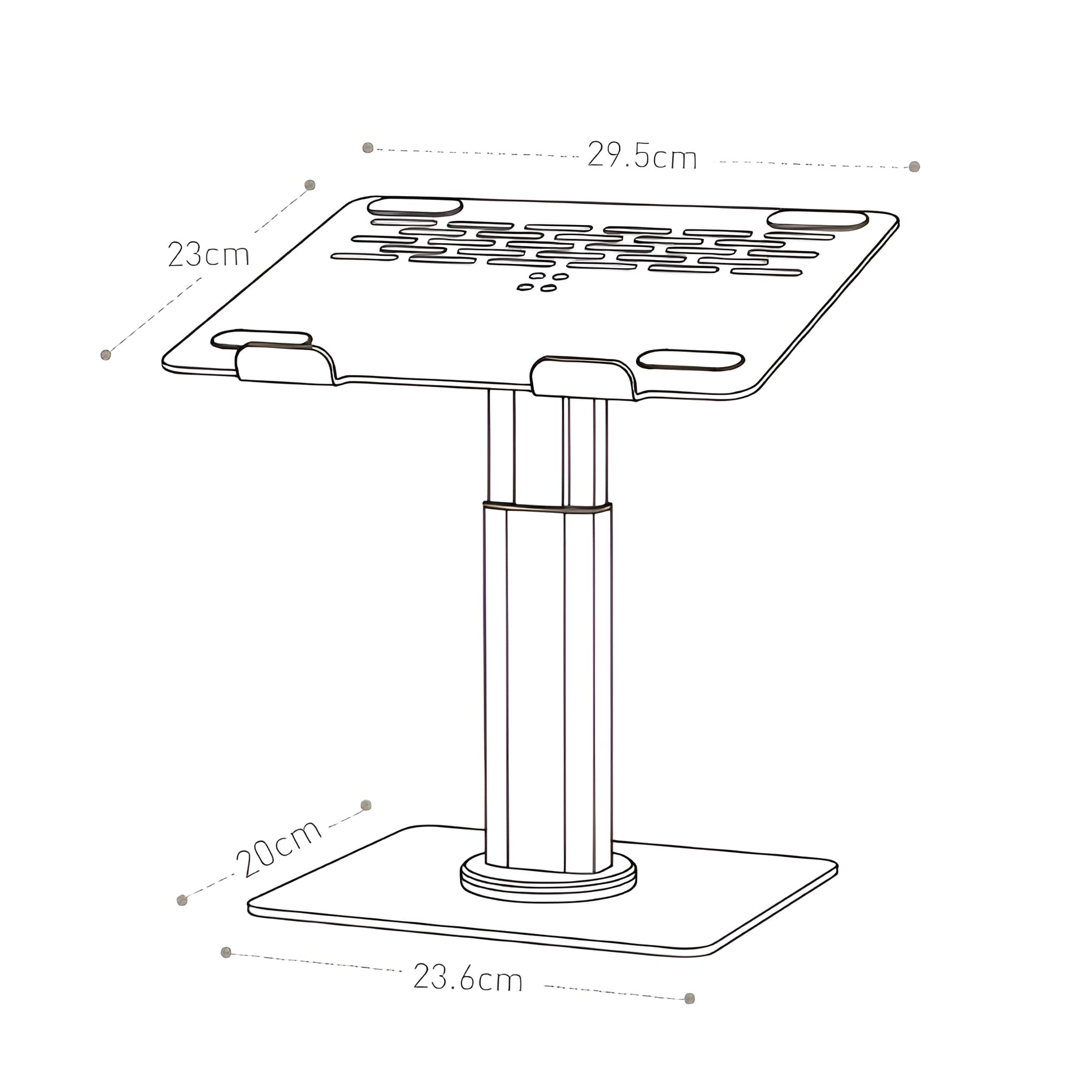 Verstellbarer Laptopständer mit Maßen, weißer Hintergrund.
