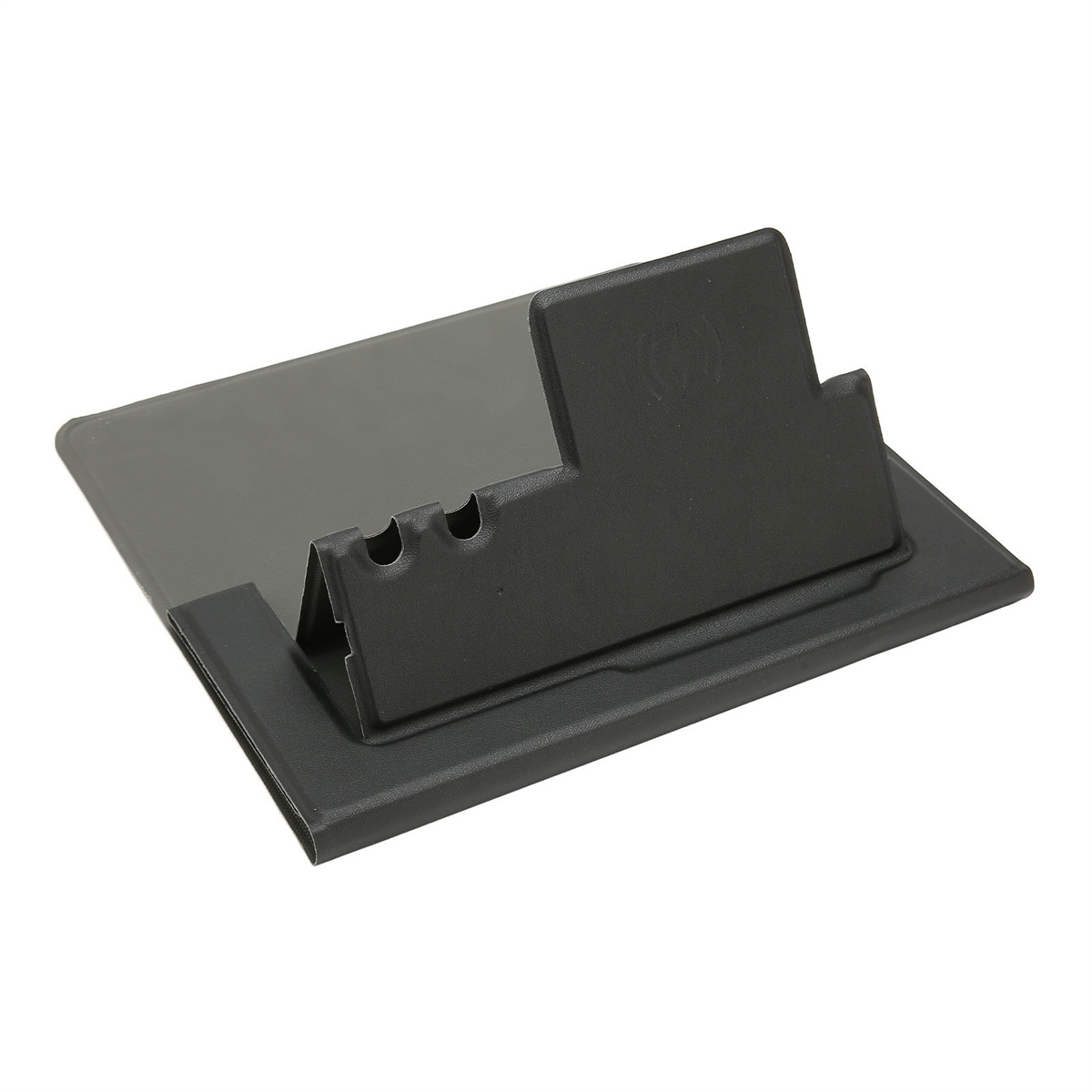 Schwarzer Tablet-Ständer mit integriertem kabellosen Ladepad.