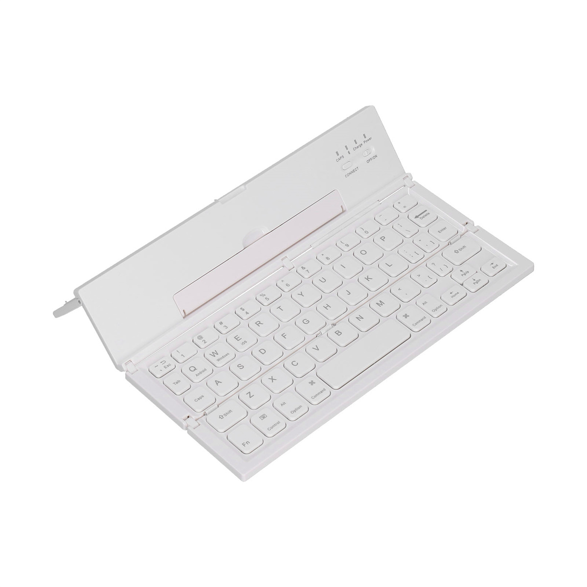 Weiße, faltbare Tastatur mit Tasten und einer Abdeckung. Sie ist geöffnet und einsatzbereit.