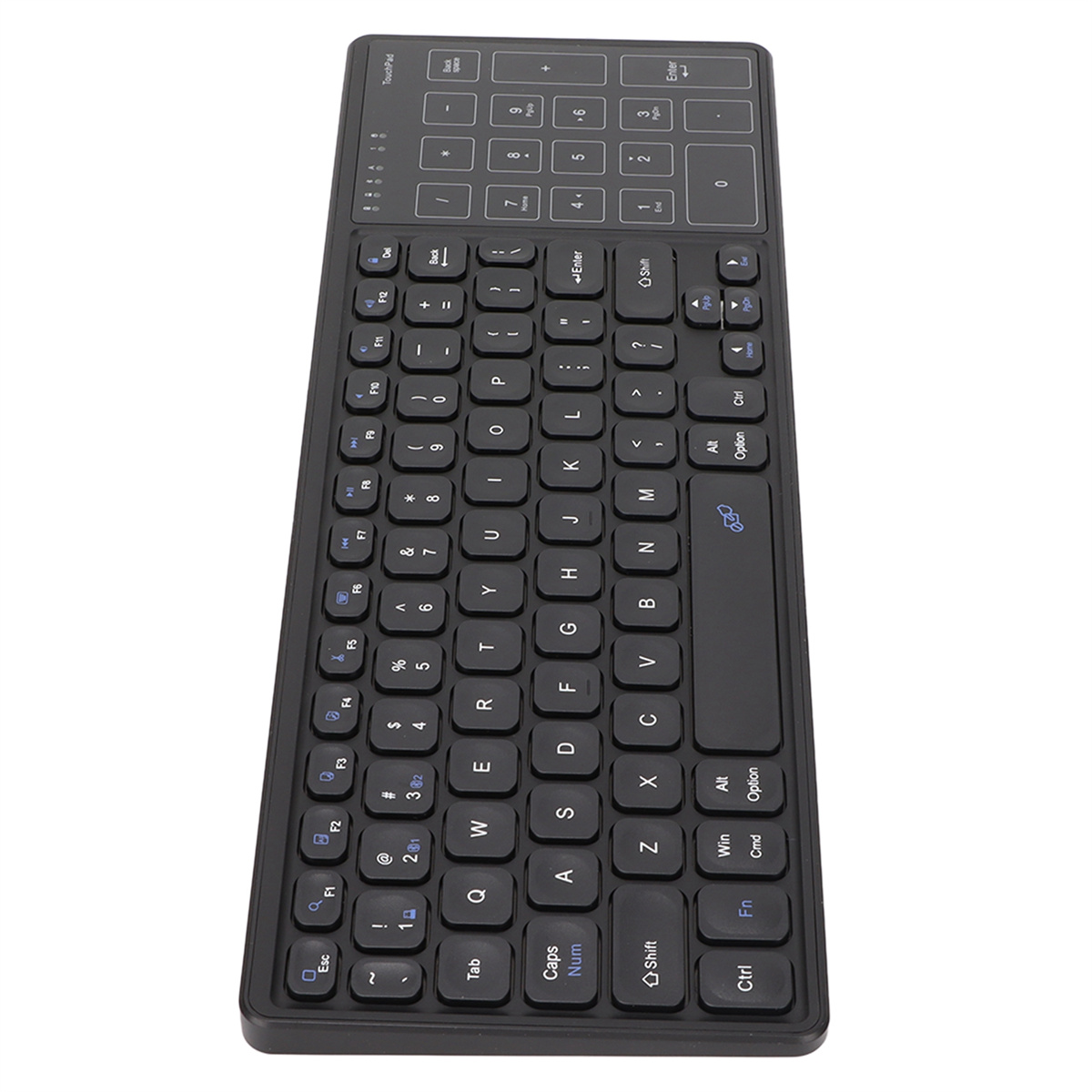 Schwarze Tastatur mit angeschlossenem Ziffernblock, mit weißem Hintergrund. Tasten sind beschriftet.