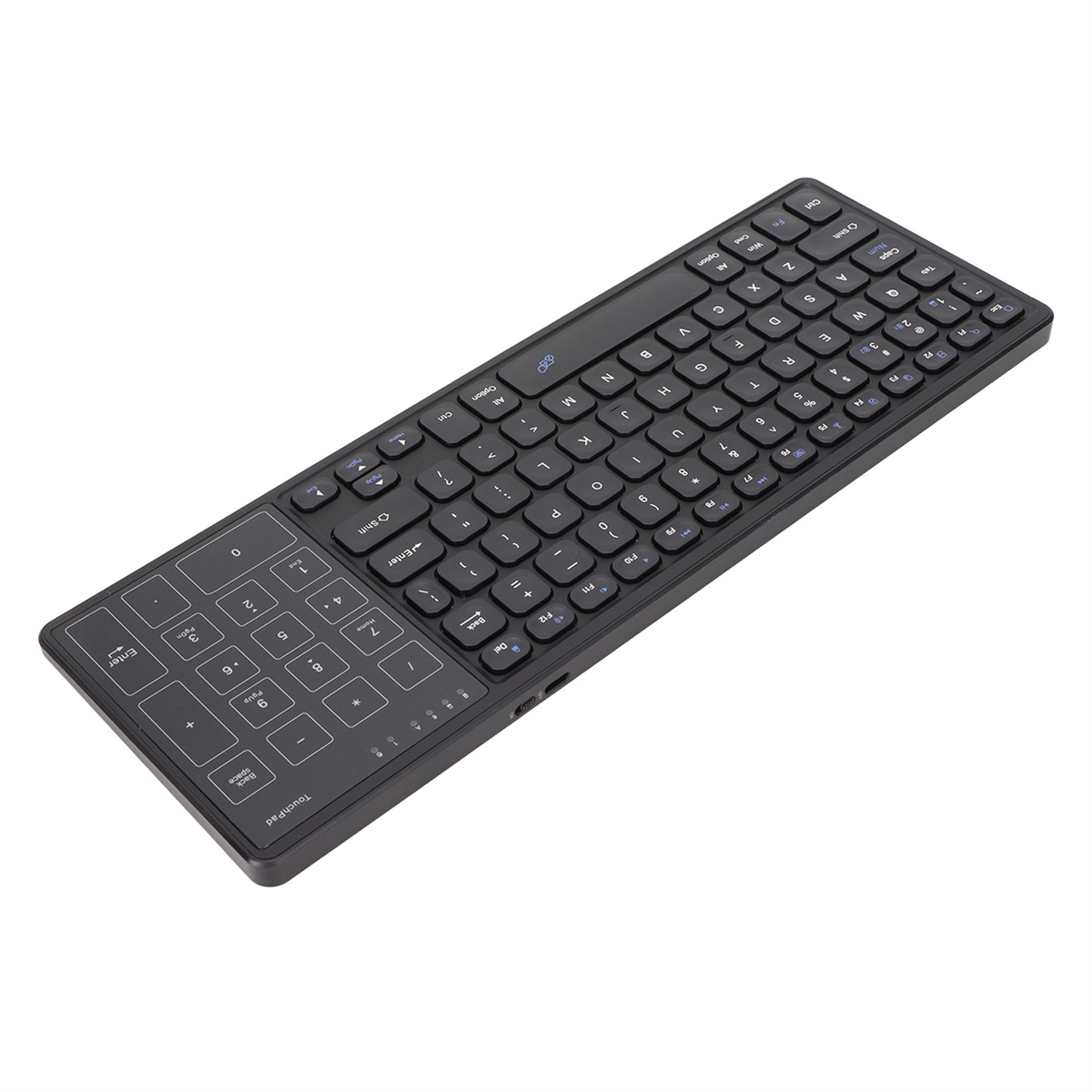 Eine schwarze Tastatur mit Touchpad und Ziffernblock. Sie hat ein modernes Design.