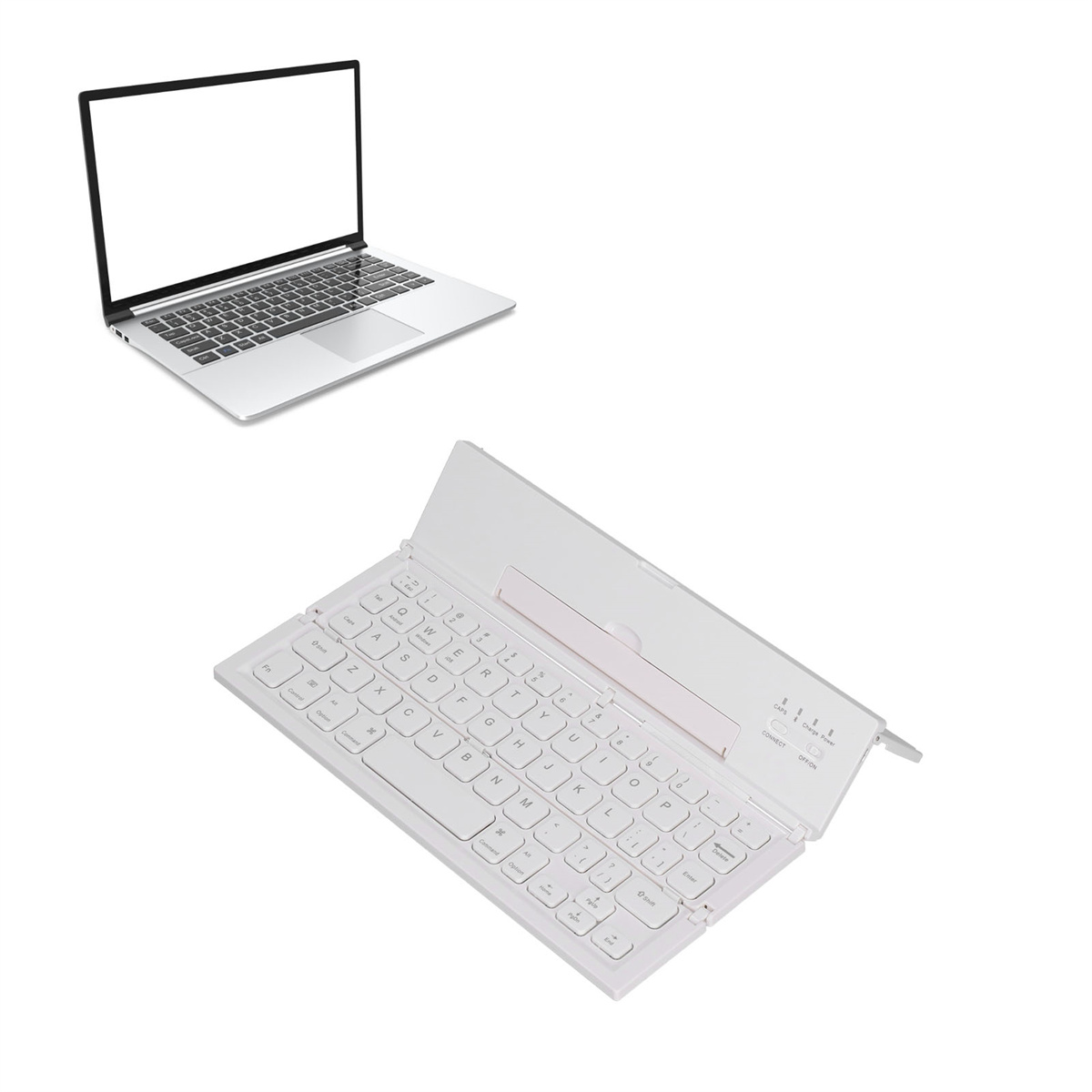 Ein Laptop und eine weiße Falt-Tastatur. Der Laptop ist geöffnet. Die Tastatur ist ebenfalls geöffnet und hat weiße Tasten.