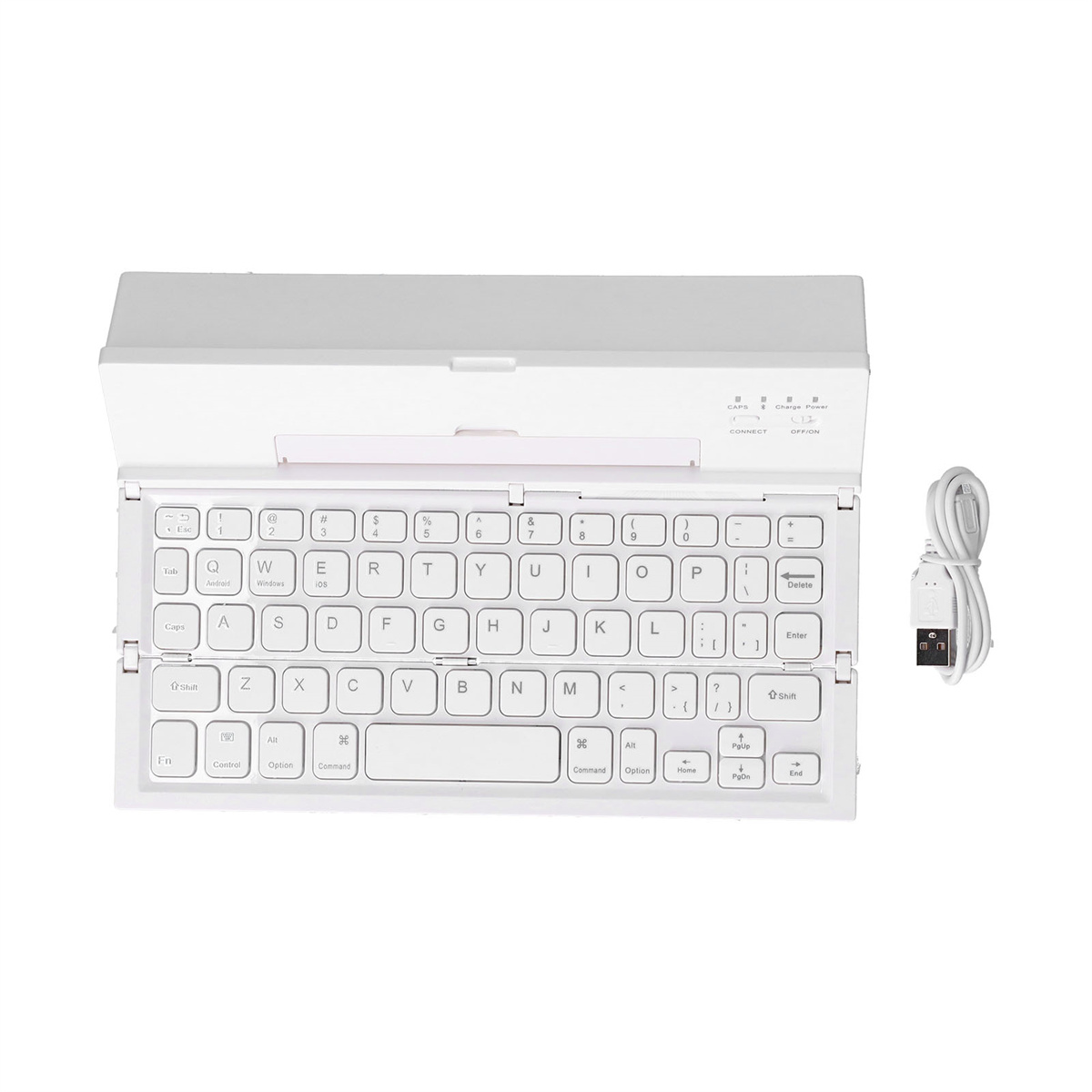 Eine weiße, faltbare Tastatur mit USB-Kabel und weißem Hintergrund.