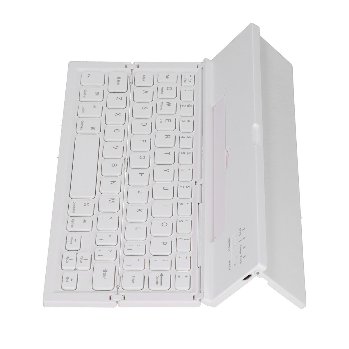 Eine weiße, faltbare Tastatur wird geöffnet angezeigt. Sie hat Tasten und ein Touchpad.