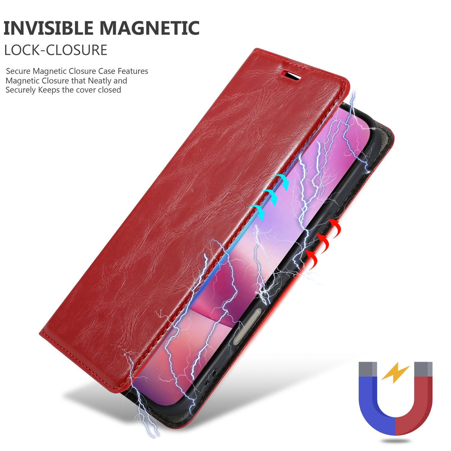Rote Leder-Handyhülle offen, mit Innen-Telefon und Magnet-Symbol. Die Hülle ist offen und zeigt das Telefon.
