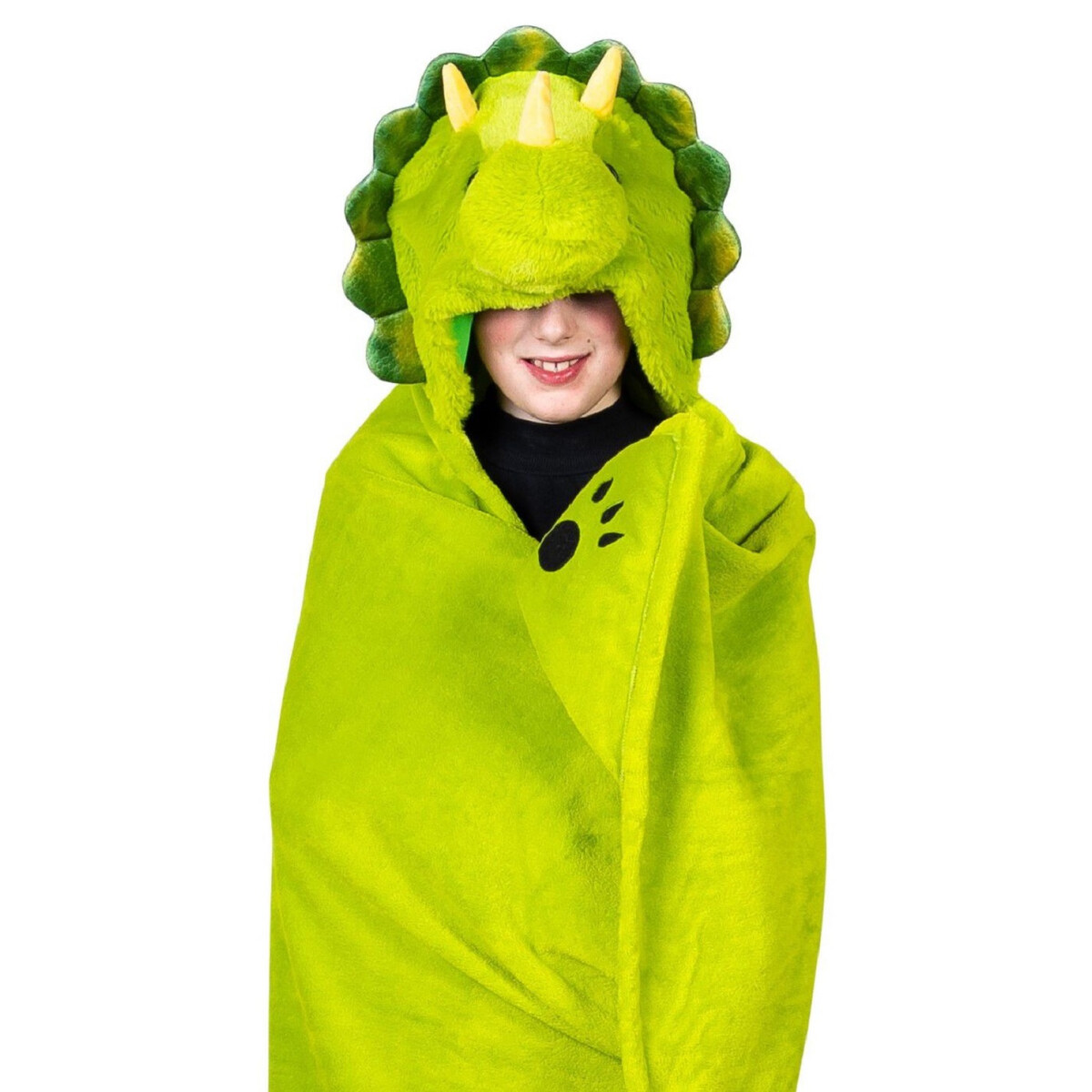 Ein Kind mit einem grünen Dinosaurierkostüm lächelt. Weißer Hintergrund.
