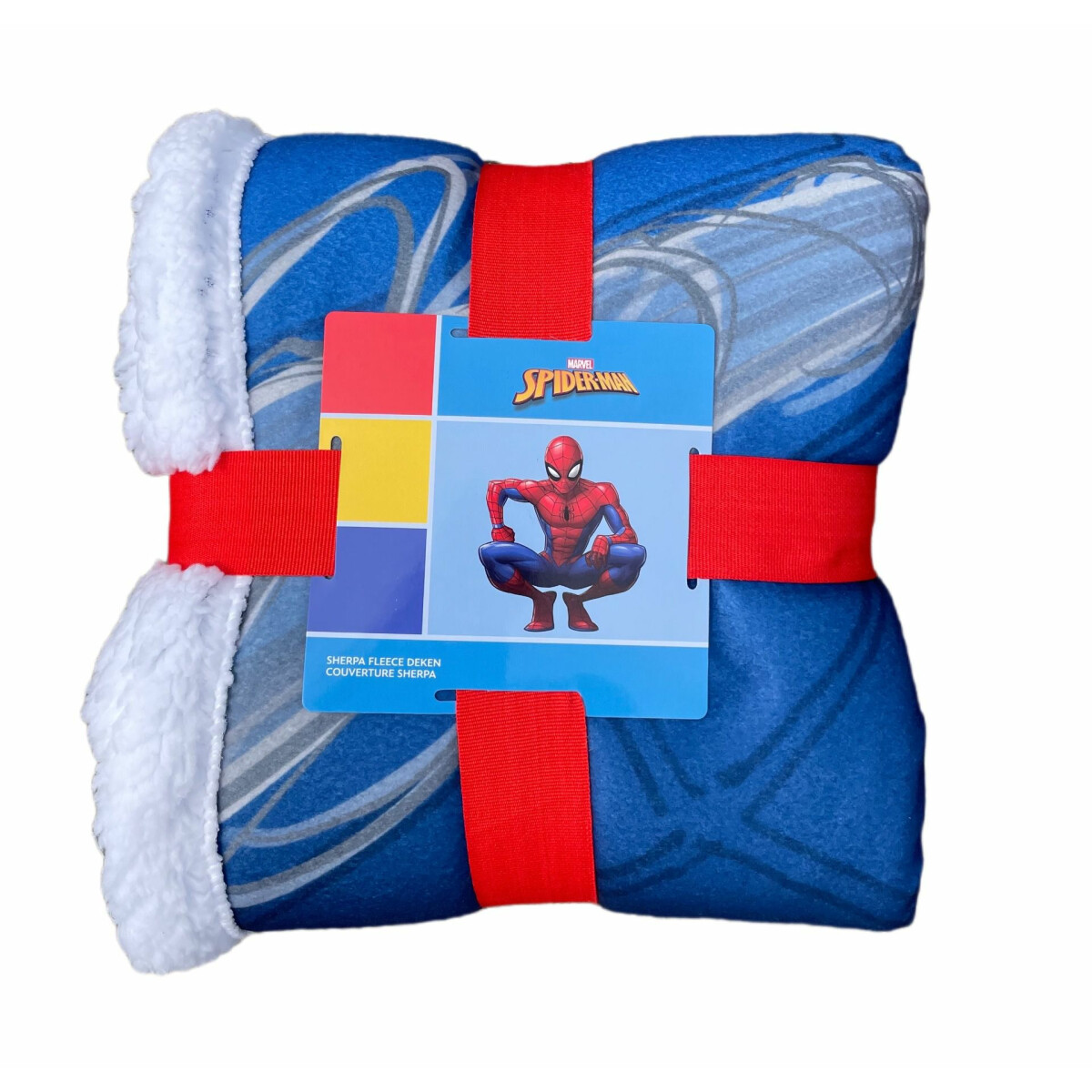 Gefaltete Spider-Man-Decke, mit rotem Band umwickelt und ein Spider-Man-Etikett.