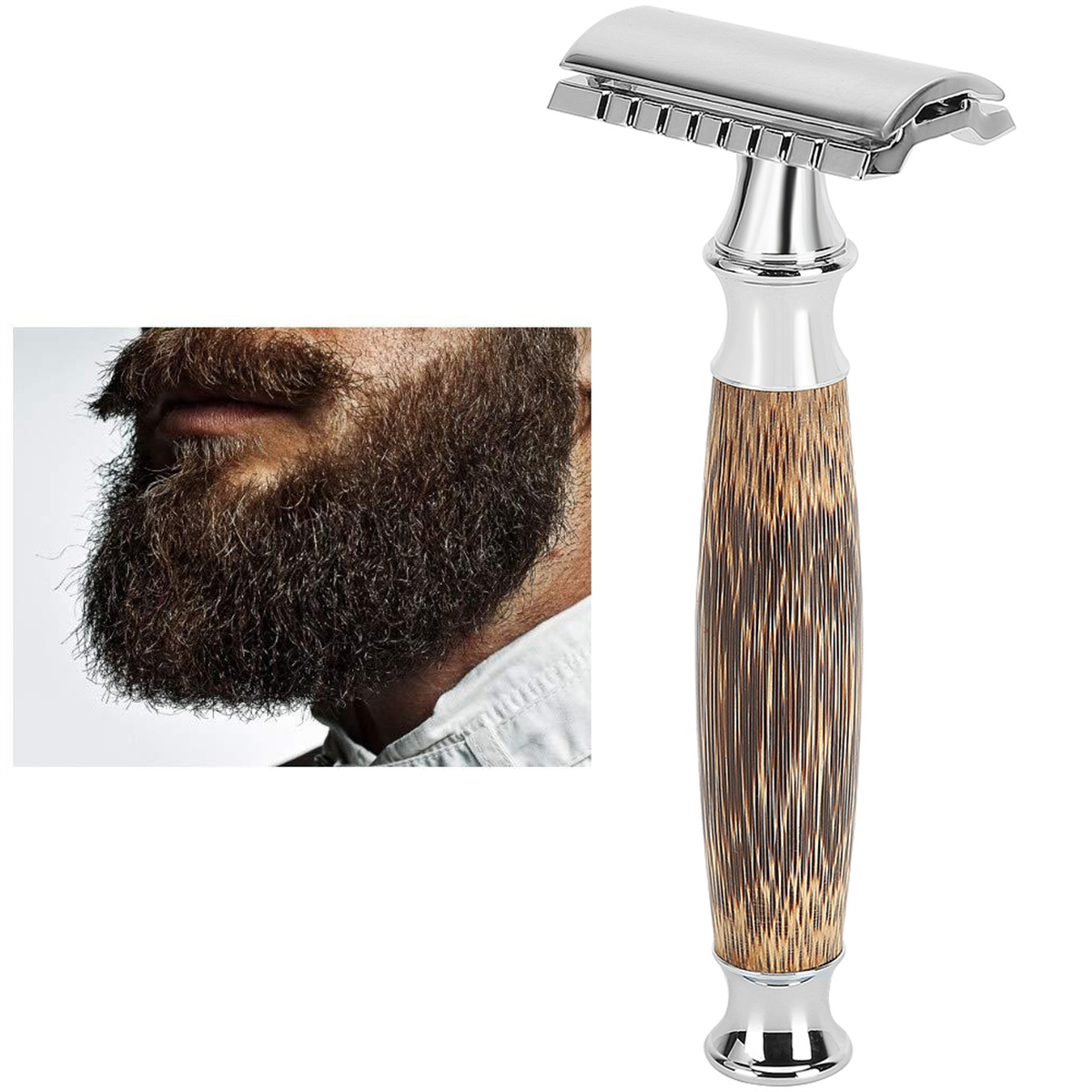 Ein Rasierhobel mit Holzgriff neben dem Bart eines Mannes.
