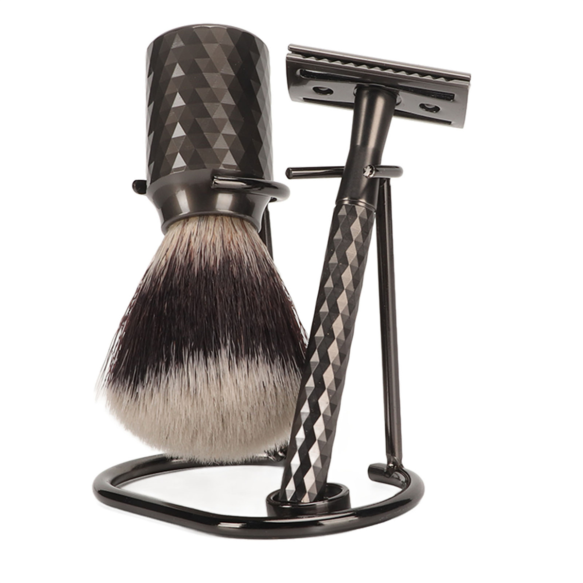 Schwarzes Rasier-Set mit Pinsel und Rasierer auf einem Metallständer.