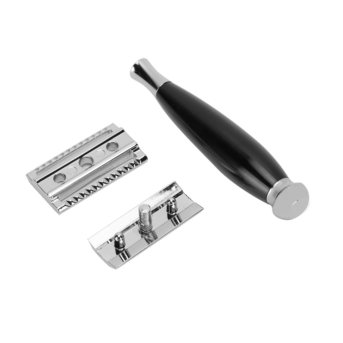Rasierer mit zwei separaten Teilen. Der Griff ist schwarz. Teile sind silber.