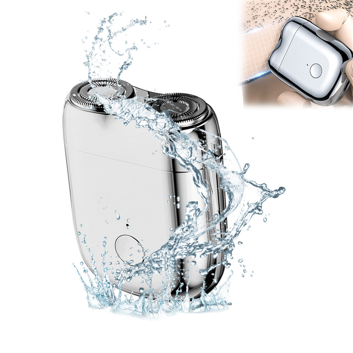 Silberner Elektrorasierer mit Wasserspritzern und ein weiterer Rasierer in der Ecke.