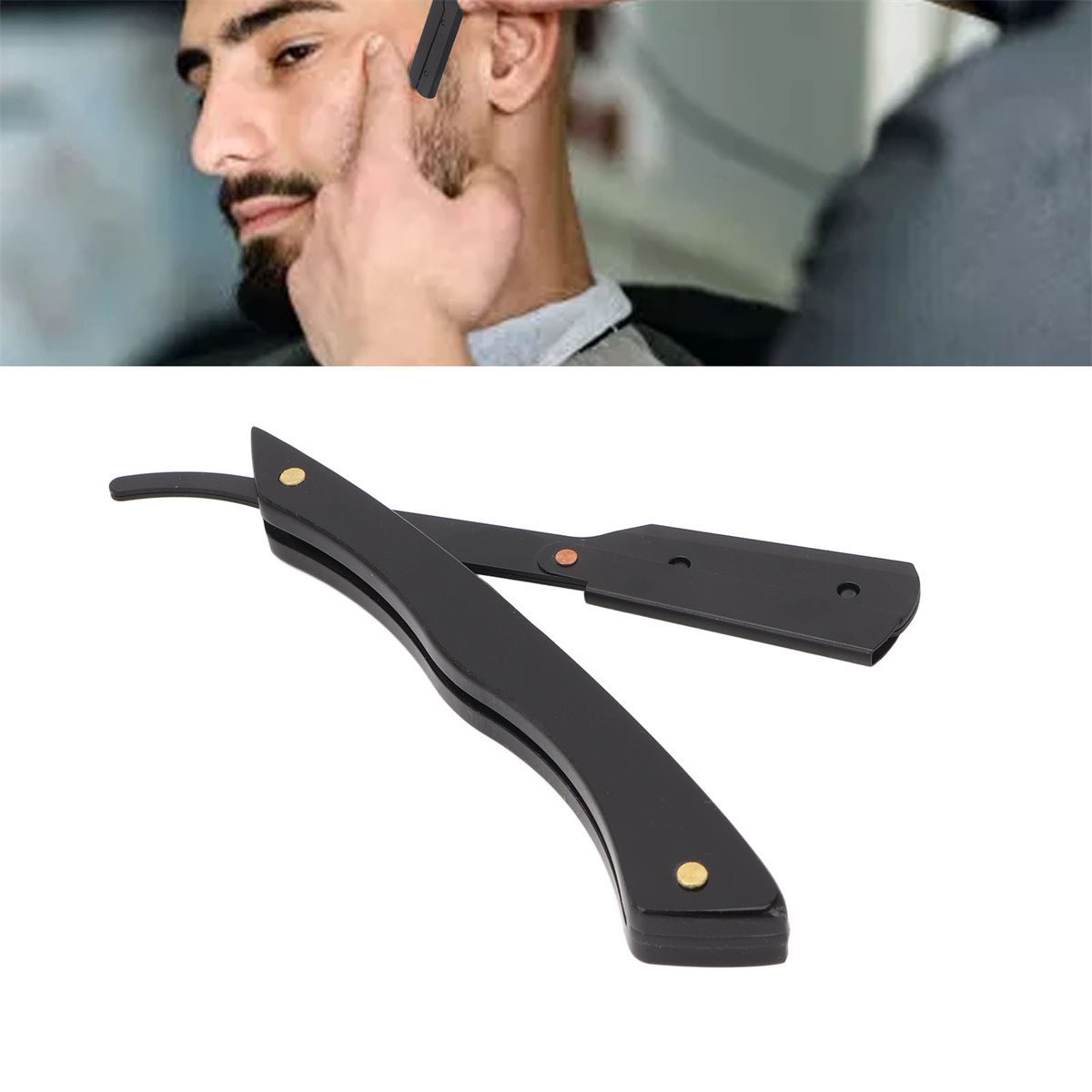 Ein Rasiermesser in Gebrauch, mit schwarzem Griff und der Hand eines Barbiers.