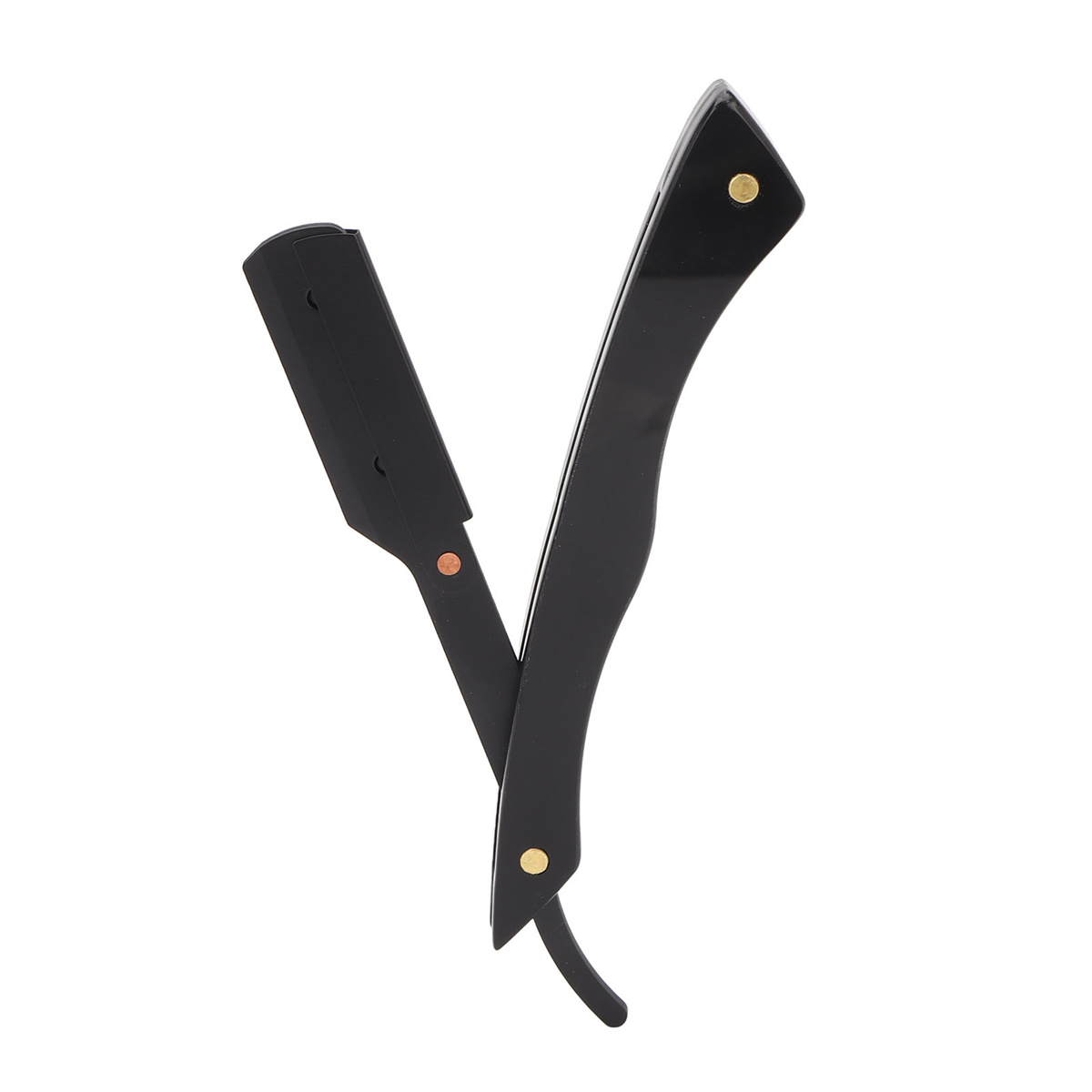 Ein schwarzes Rasiermesser mit gebogenem Griff. Geöffnet und auf weißem Hintergrund.