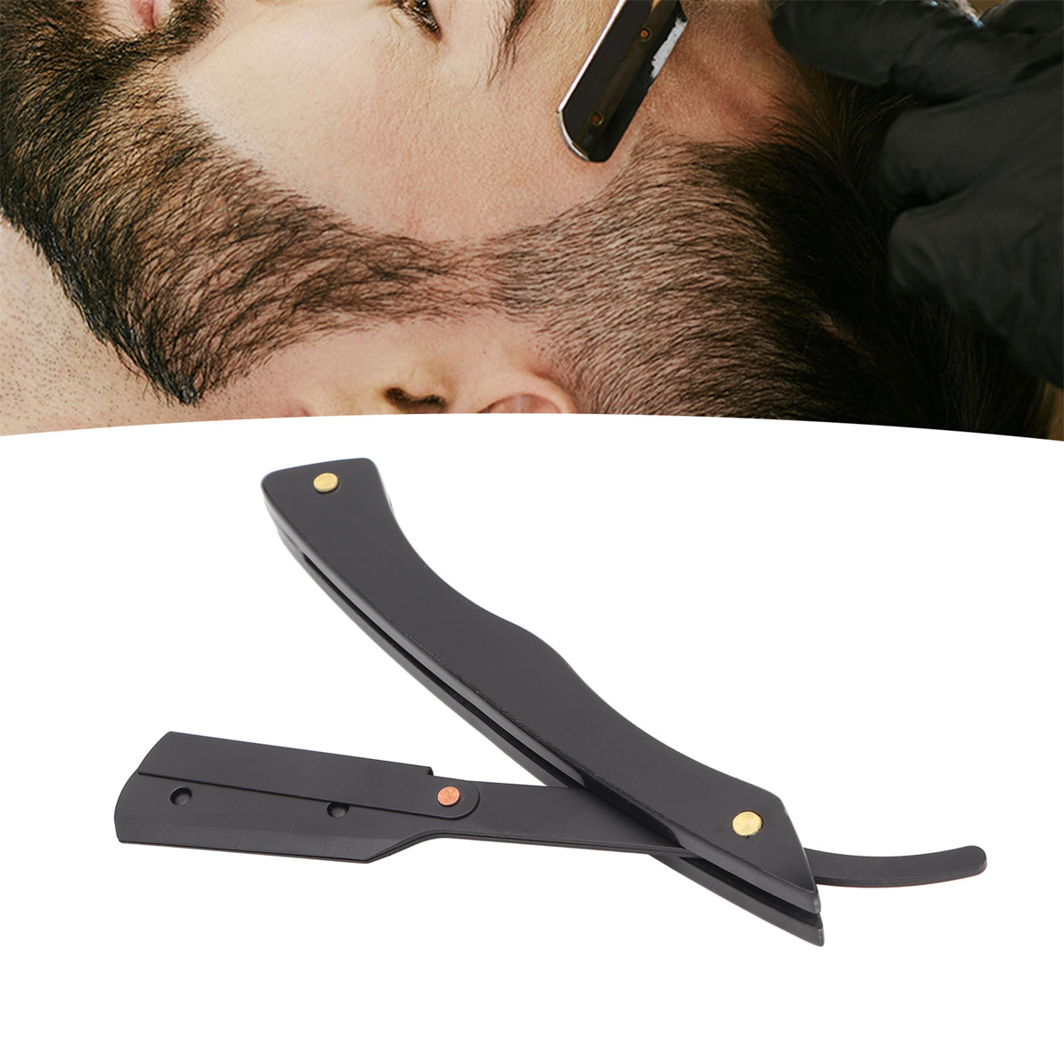 Ein Barbier rasiert einen Bart mit einem schwarzen Rasiermesser.