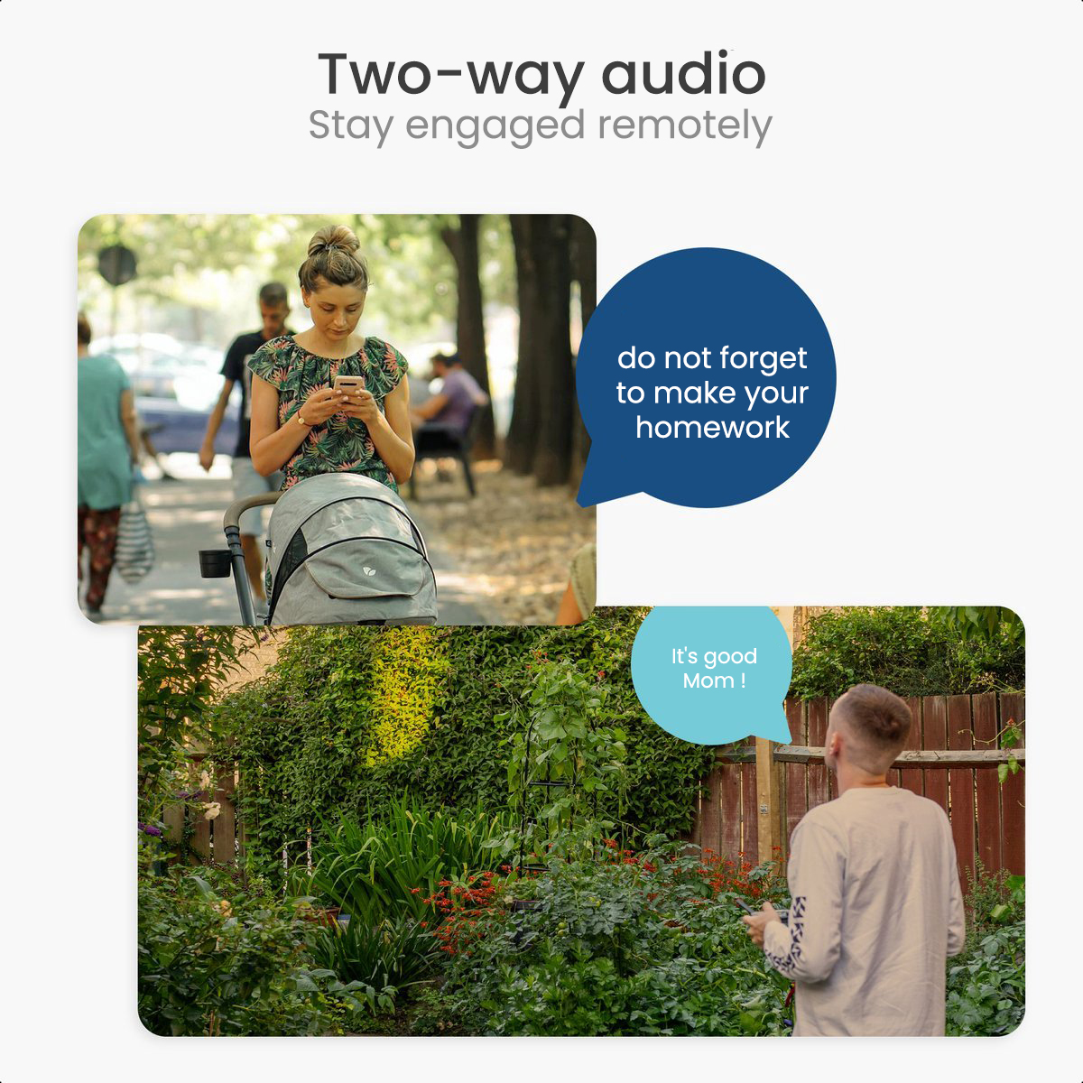 Zwei Bildschirme mit Zwei-Wege-Audio. Einer zeigt eine Frau mit Kinderwagen, der andere einen Mann im Garten.