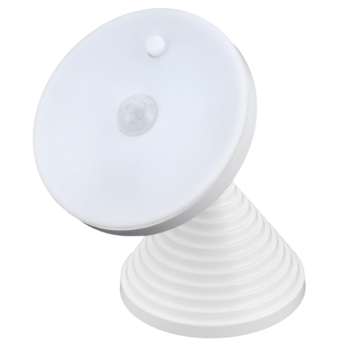 Eine weiße Lampe mit konischem Fuß und rundem Licht. Sie hat einen Sensor oben. Weißer Hintergrund.