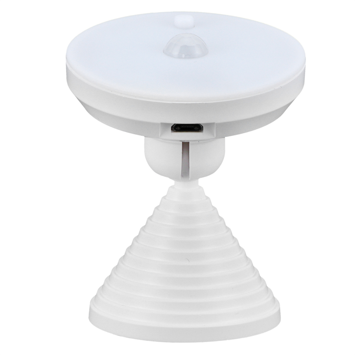 Weiße Lampe mit Sensor oben und USB-Anschluss. Weißer Hintergrund.