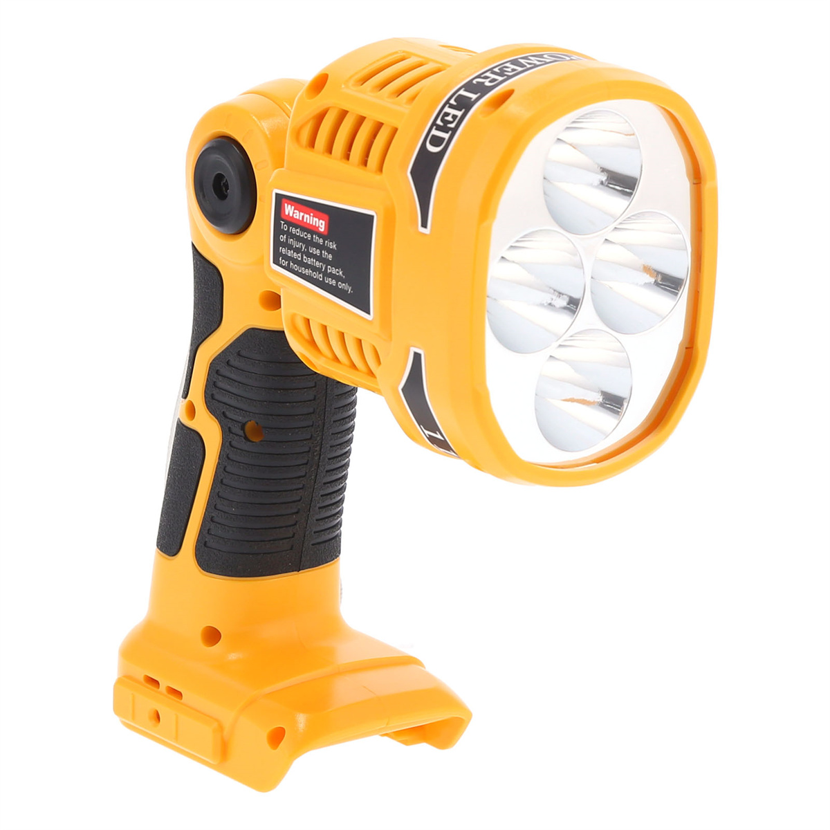 Gelbes LED-Arbeitslicht mit vier Lichtern und einem schwarzen Griff. Warnhinweis sichtbar.