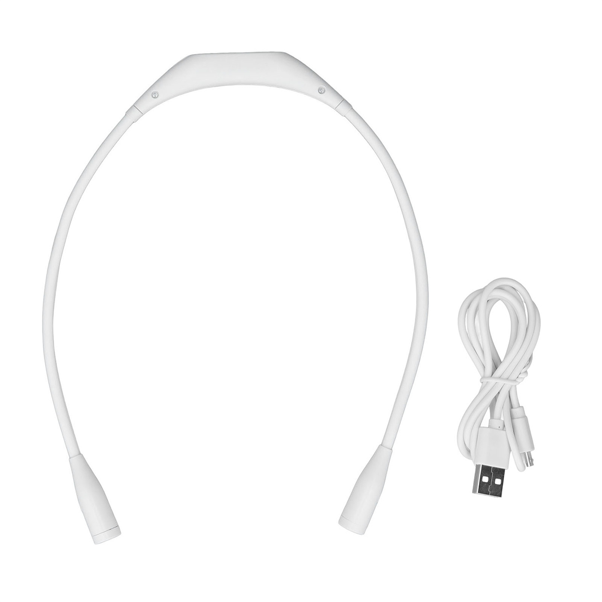 Weißes, flexibles Nackenlicht mit USB-Ladekabel. Das Licht hat zwei LEDs.