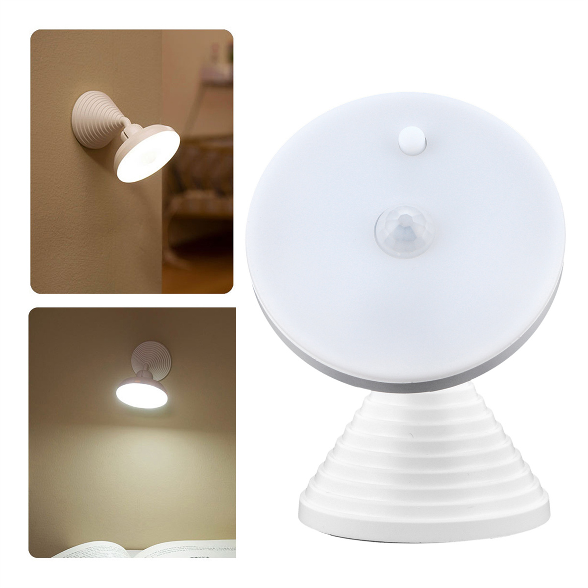 Ein weißes, rundes, bewegungsempfindliches Licht mit konischem Sockel und ein kleines Licht an der Wand.