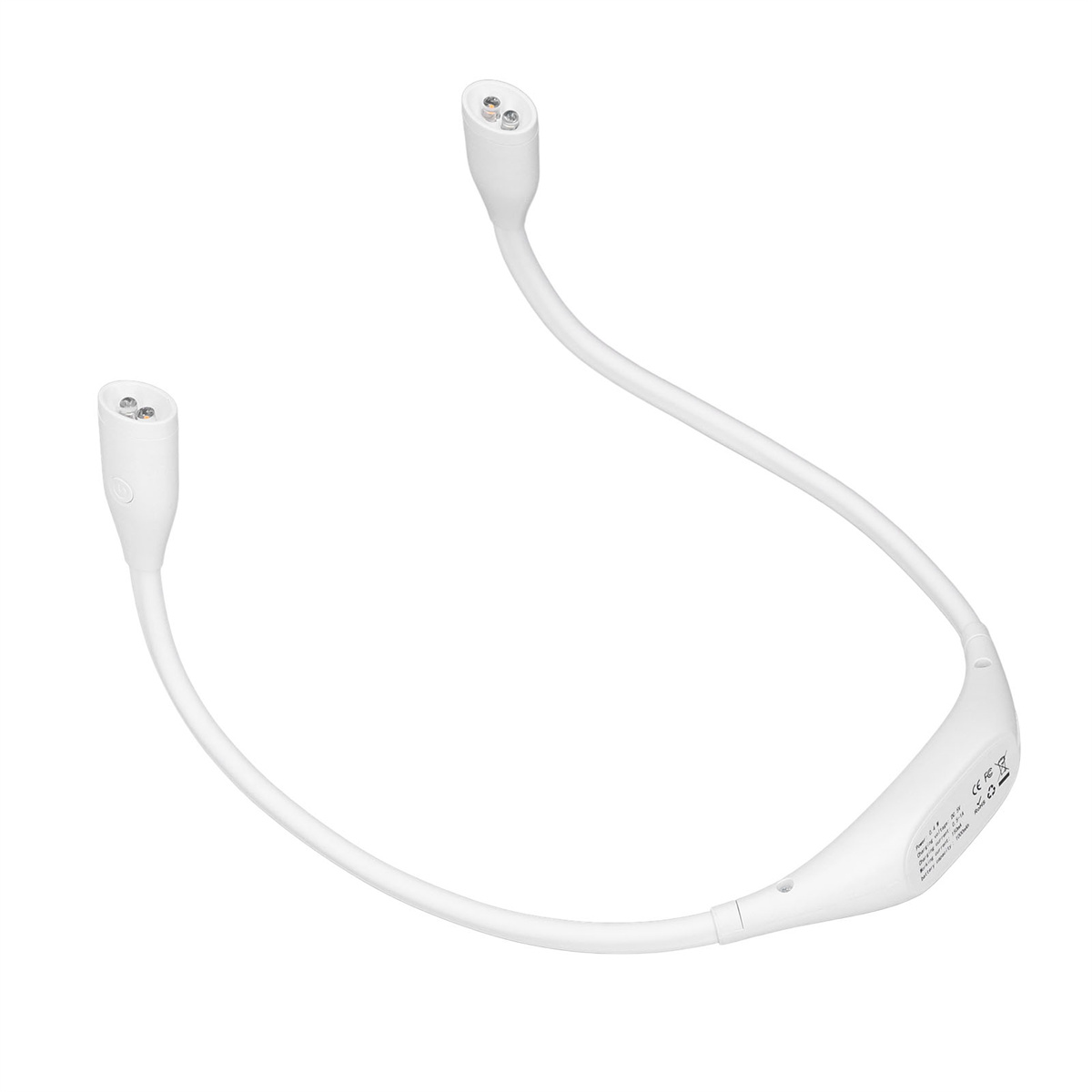 Weißes, flexibles Nackenlicht mit zwei LED-Lampen. Es ist um den Hals tragbar.