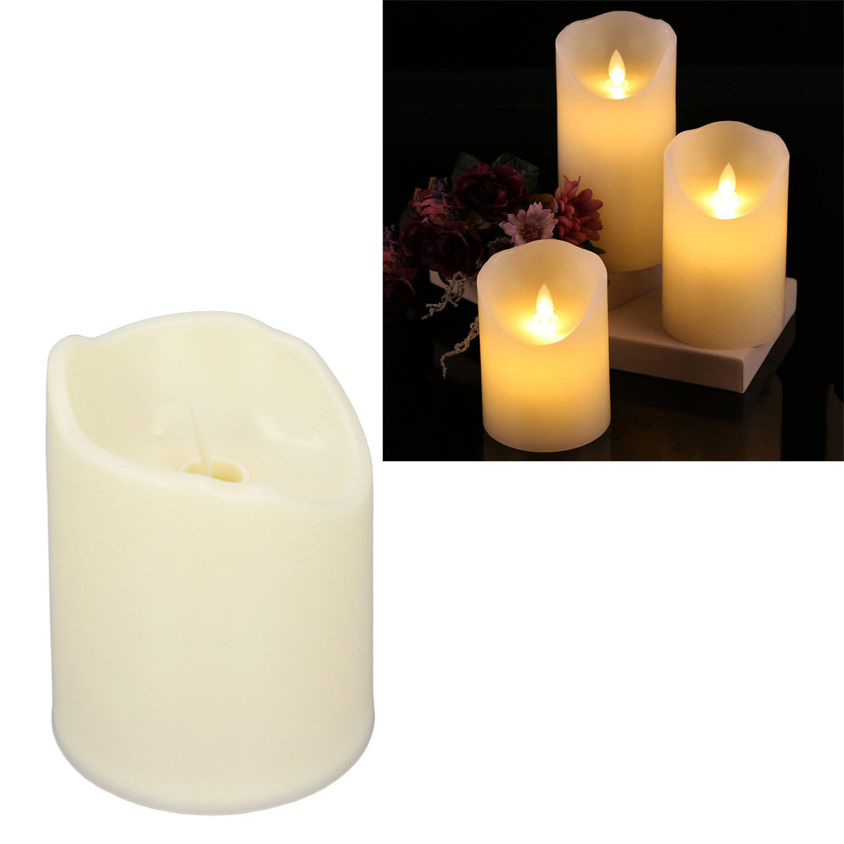 Eine weiße Kerze mit brennender Flamme und drei LED-Kerzen im Hintergrund mit dunklem Hintergrund.