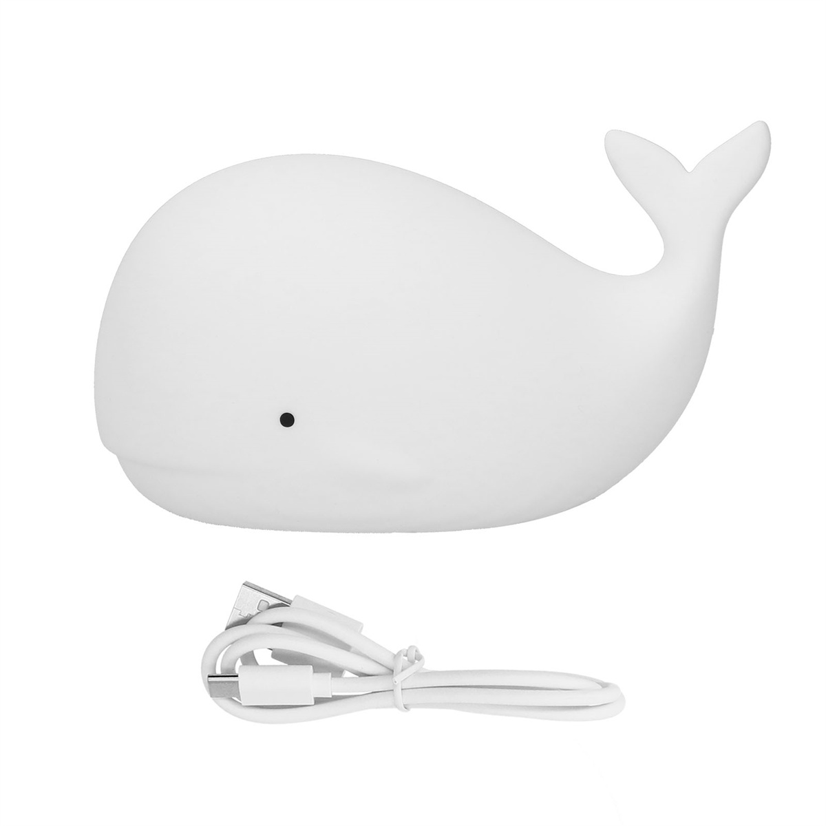 Weiße Wal-Lampe mit Ladekabel. Einfaches Design auf weißem Hintergrund.
