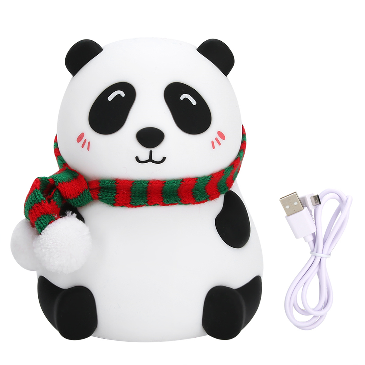 Ein weißes Panda-Nachtlicht mit Schal und weißem USB-Kabel. Schwarze Augen, Ohren und Flecken.