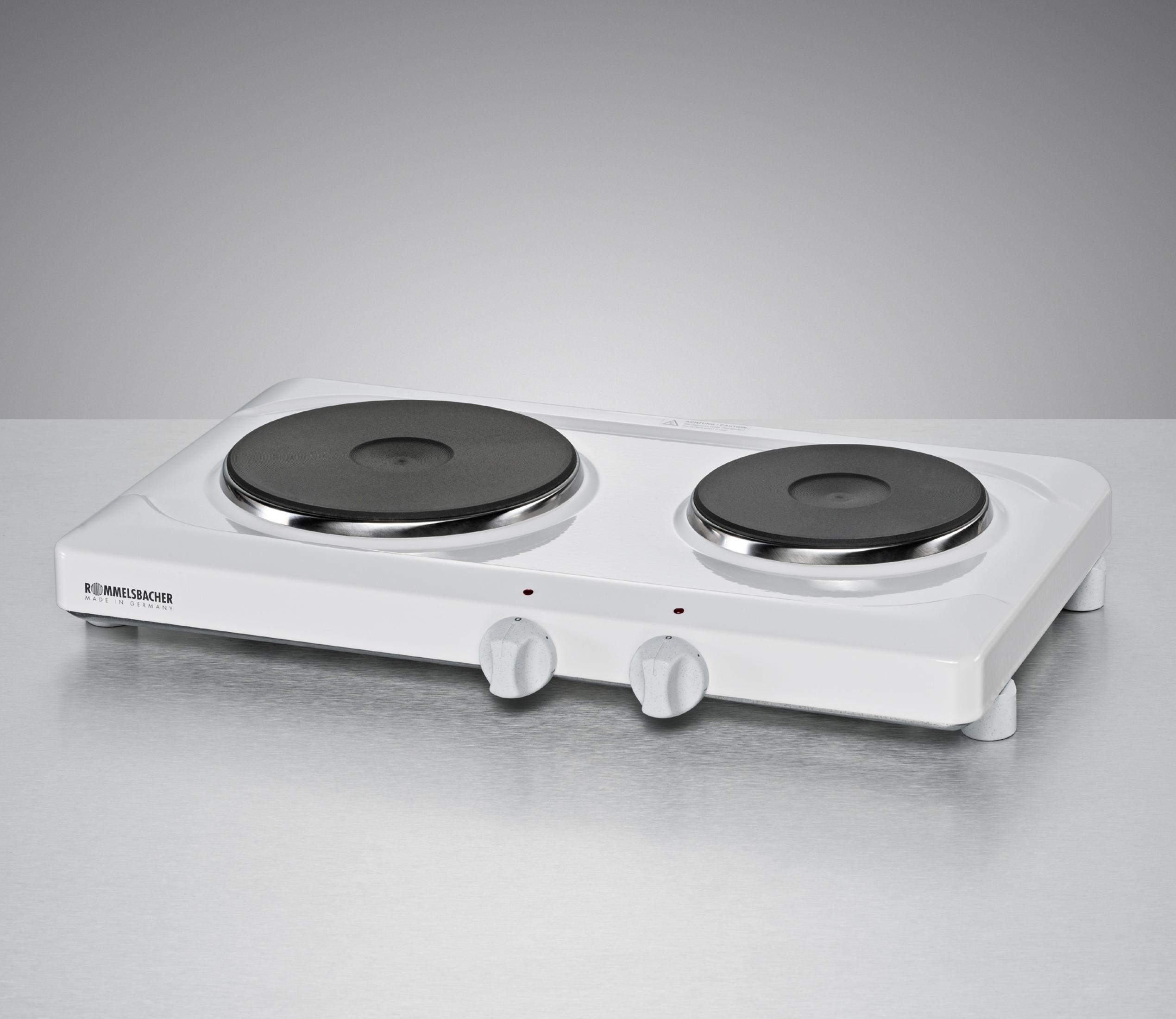 Biała, dwupalnikowa elektryczna płyta grzejna z dwoma czarnymi elementami grzejnymi.