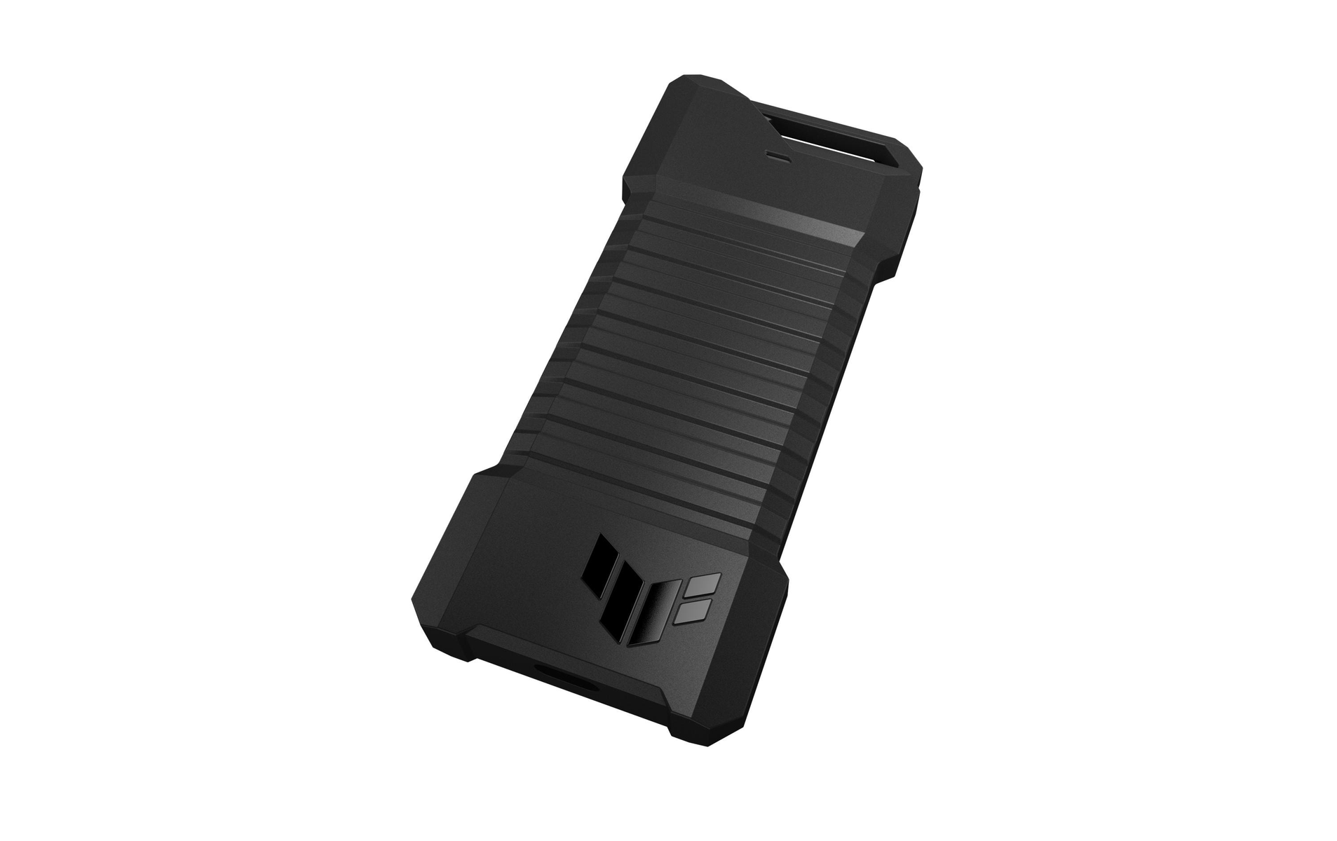 Czarny, wytrzymały, przenośny dysk twardy zewnętrzny, z teksturowaną powierzchnią, na białym tle.
