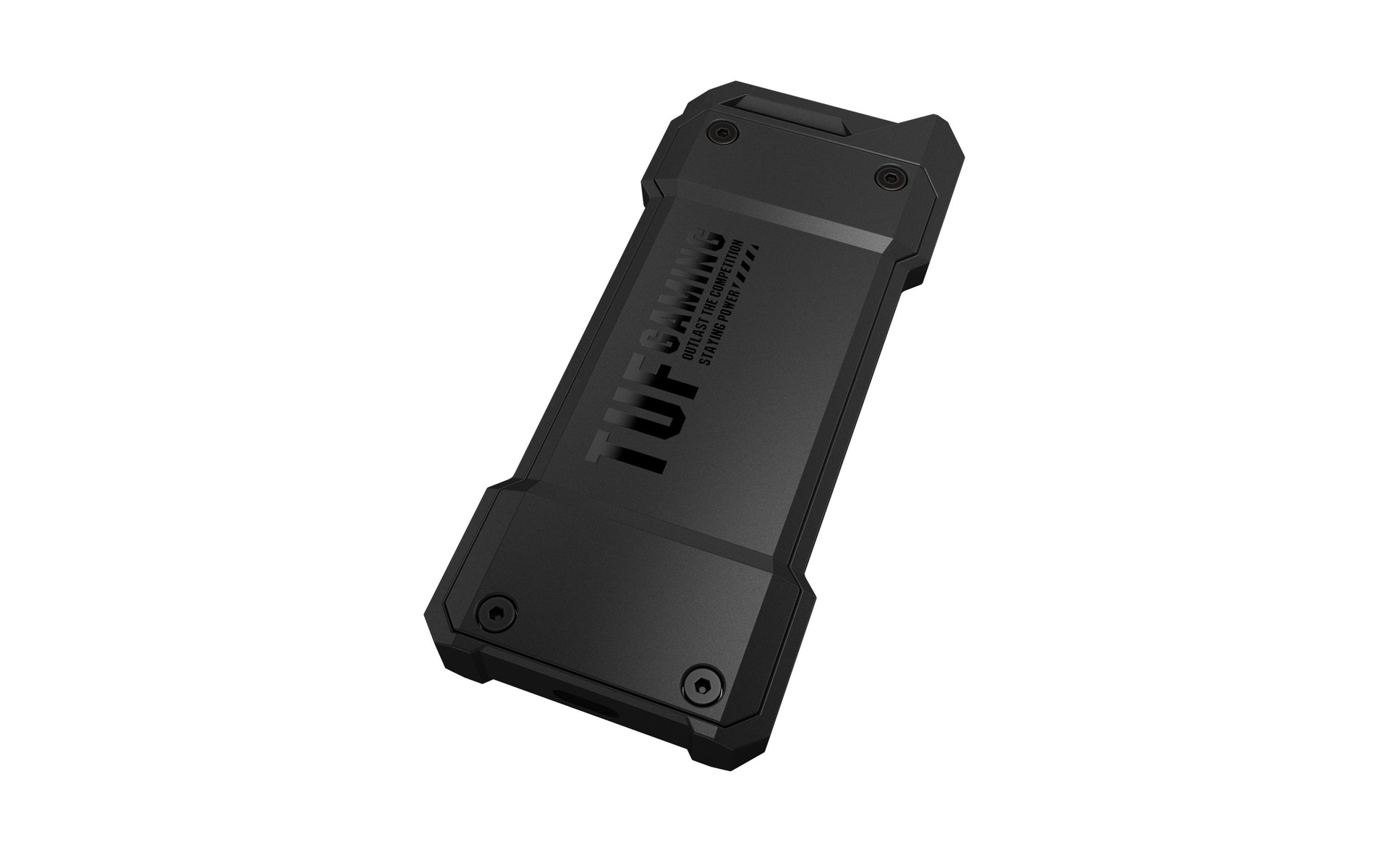 Czarny zewnętrzny dysk twardy. Urządzenie ma białe logo i teksturowaną powierzchnię.