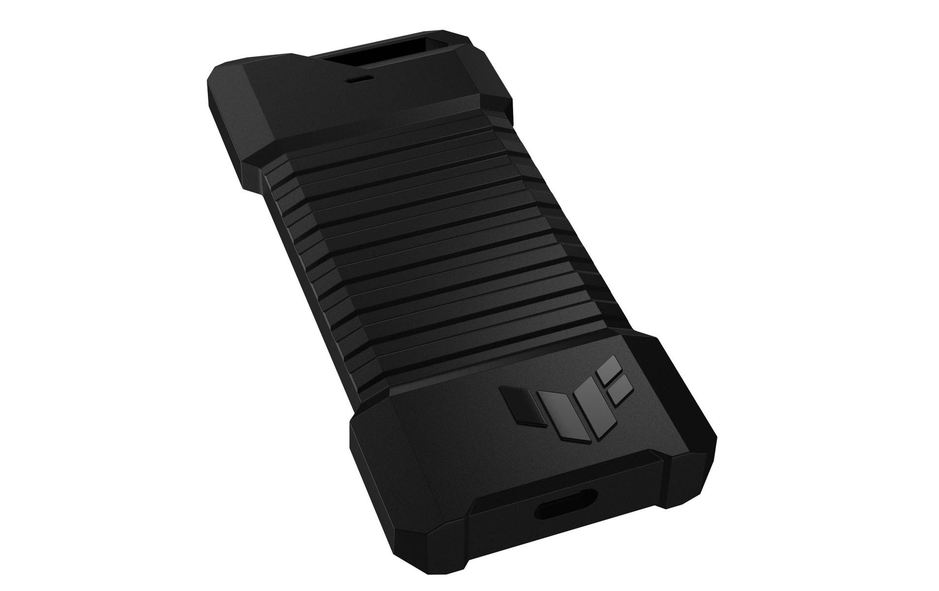 Czarne, prostokątne urządzenie z logo TUF na białej powierzchni.