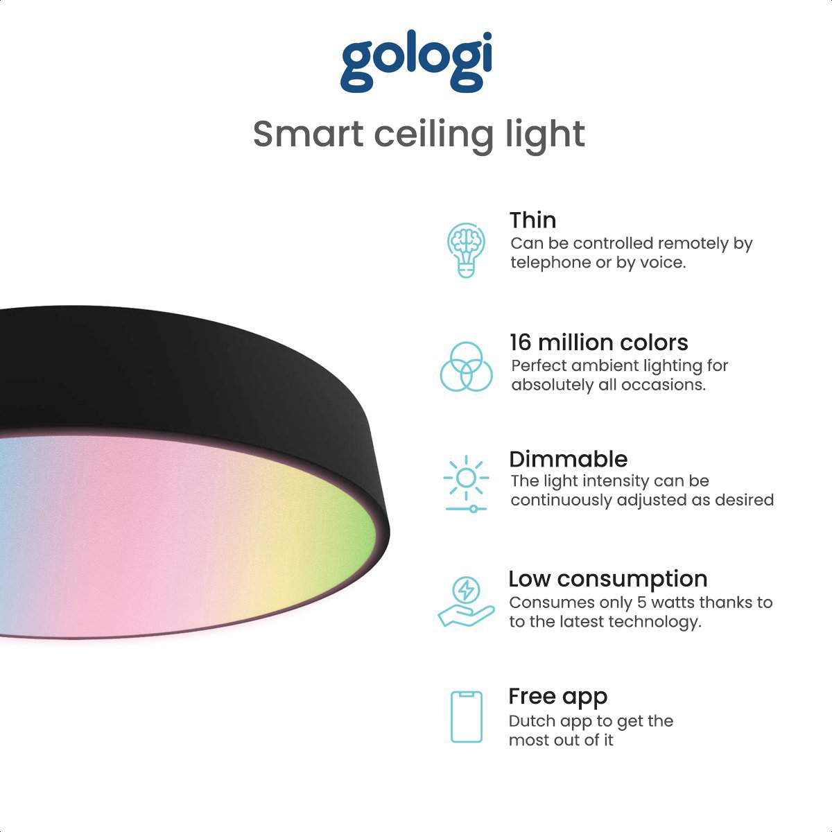 Smart ceiling light with descriptive text and icons for its features.