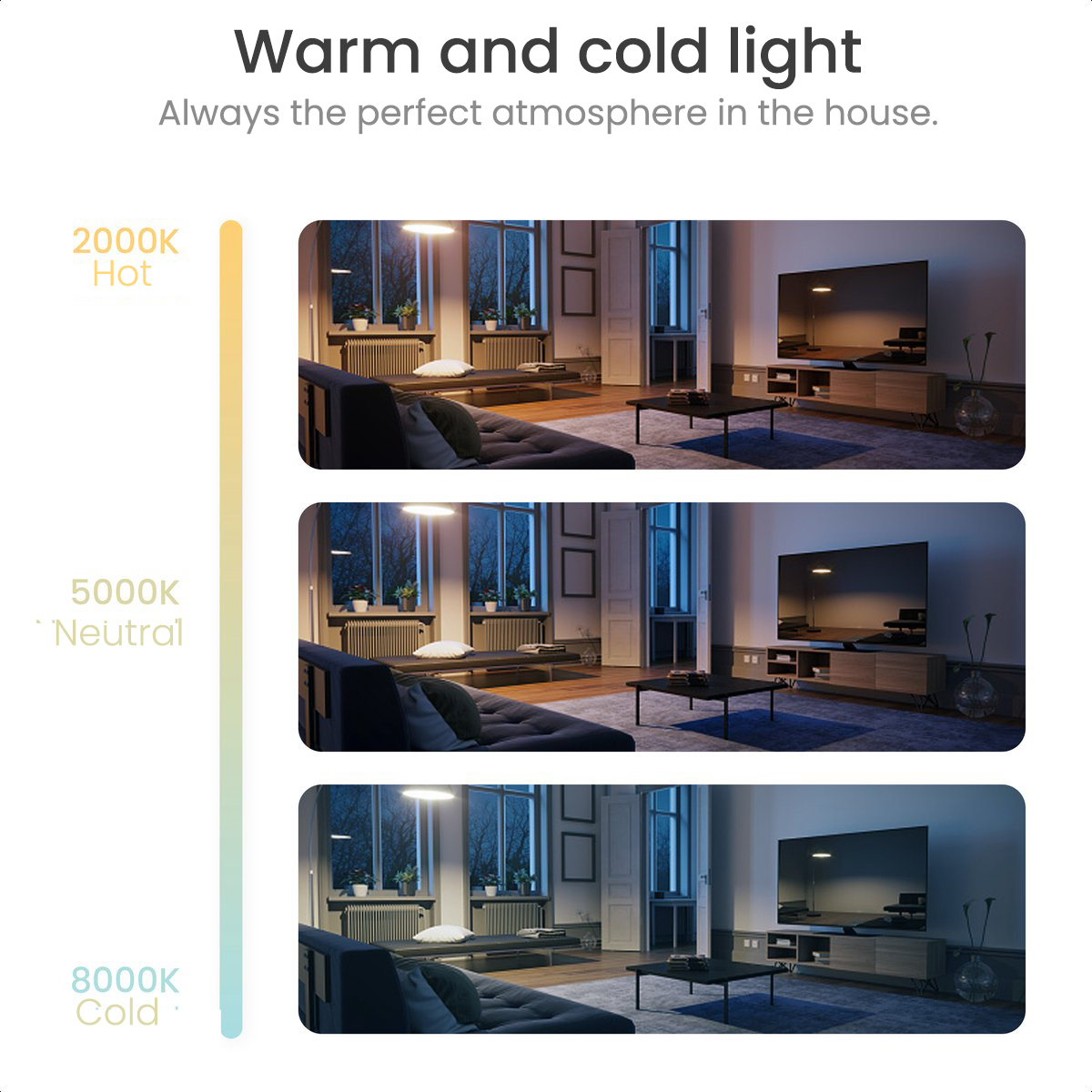 Three living room scenes with different light tones: warm, neutral, and cold.