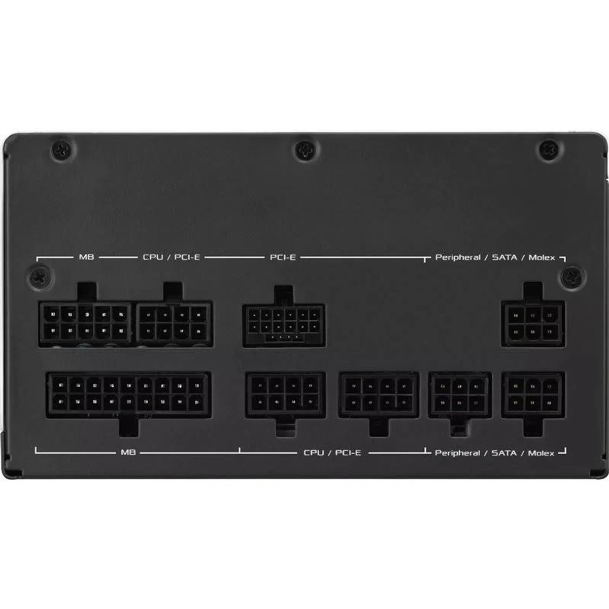 Czarny zasilacz komputerowy z portami i złączami.