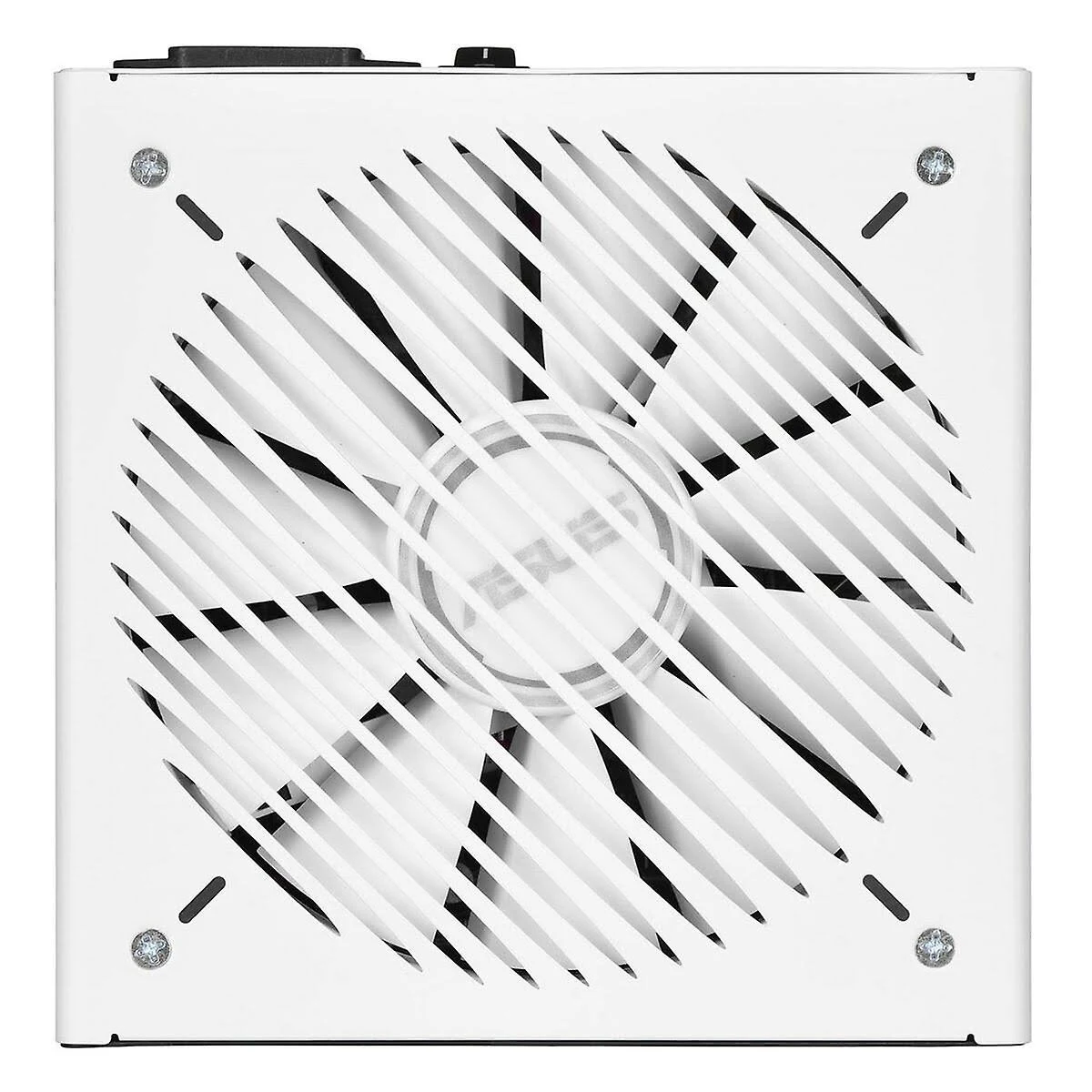 Biały zasilacz z wentylatorem i śrubami.