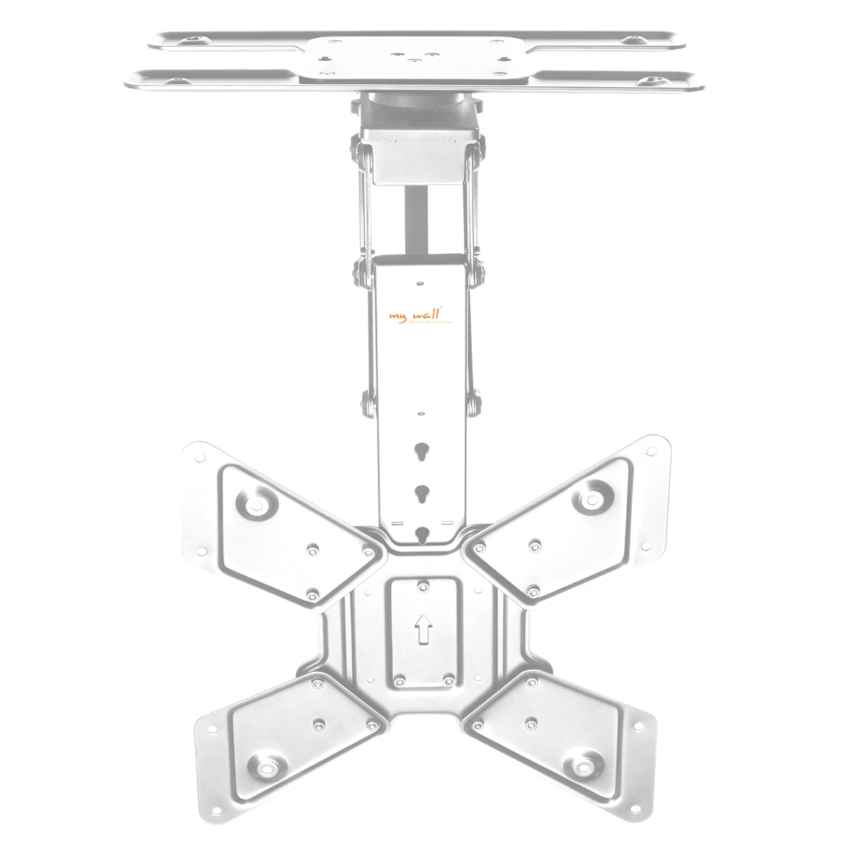 Supporto a soffitto TV argentato. Sfondo bianco.