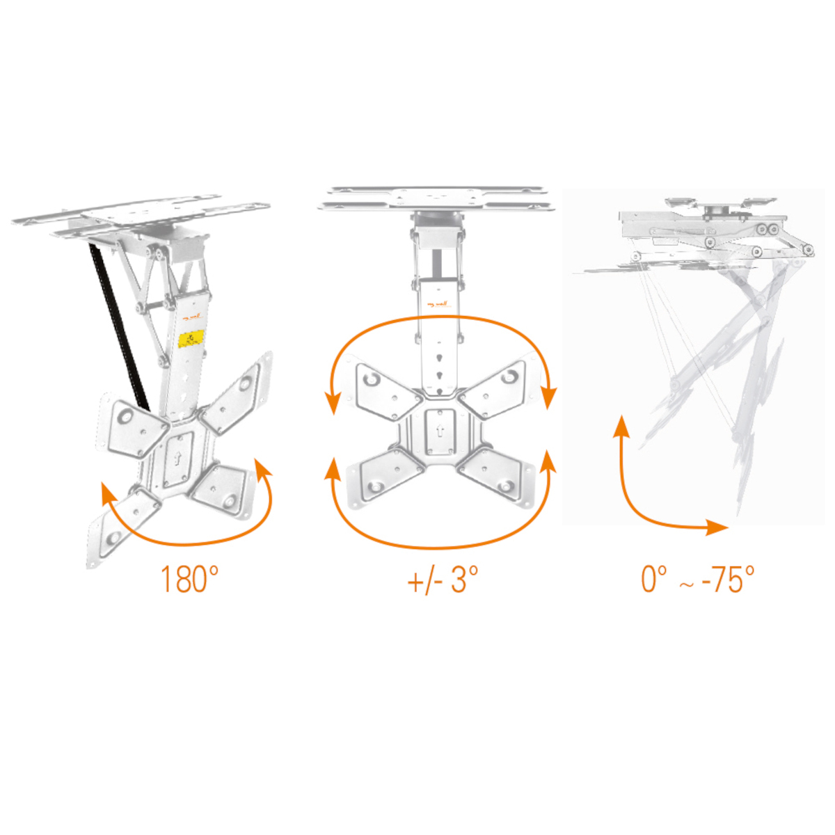Supporto TV a soffitto con regolazioni multiple. Frecce con gradi mostrati.