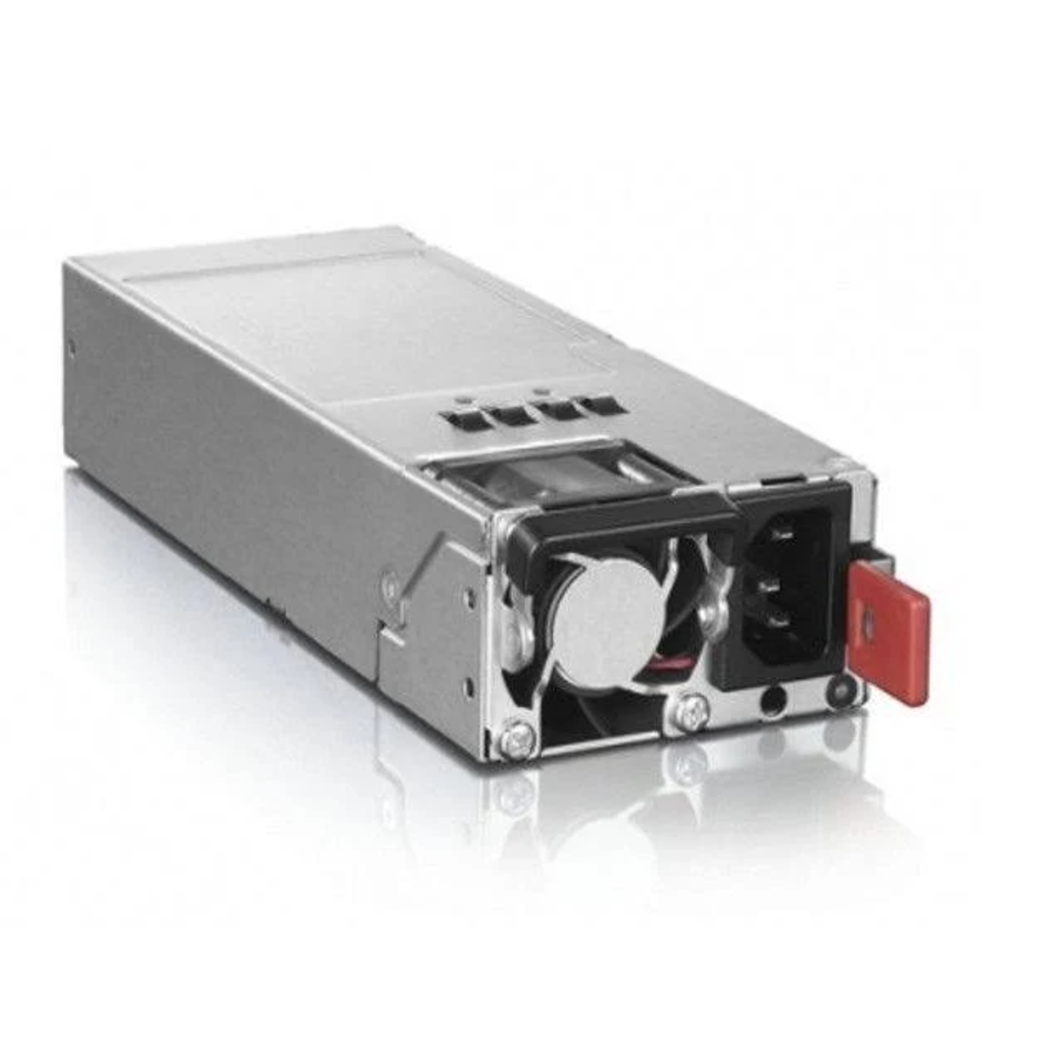 Un alimentatore per computer argentato con interruttore rosso e ventola frontale.